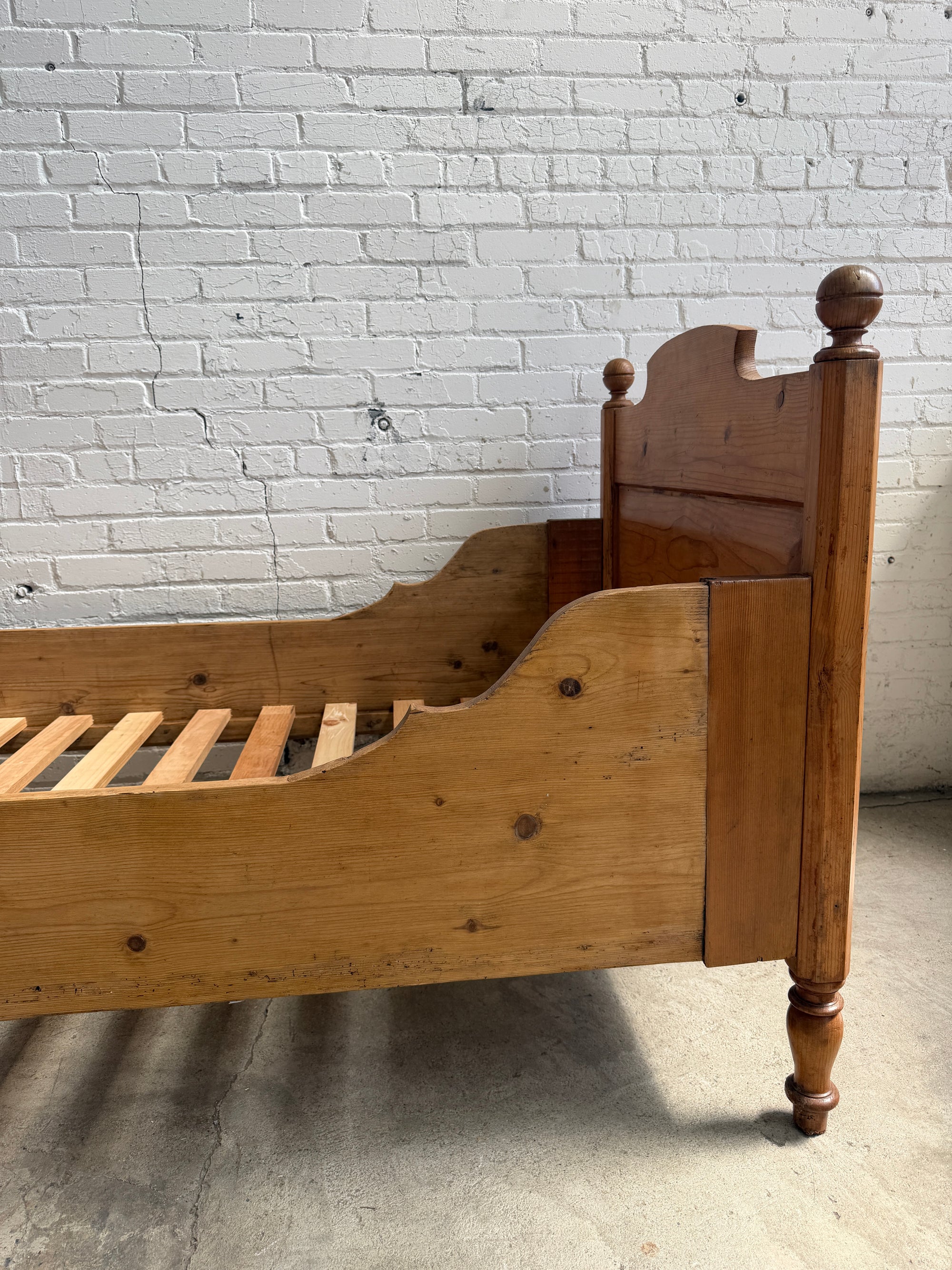 Antique Pine Sleigh Bed with High Headboard