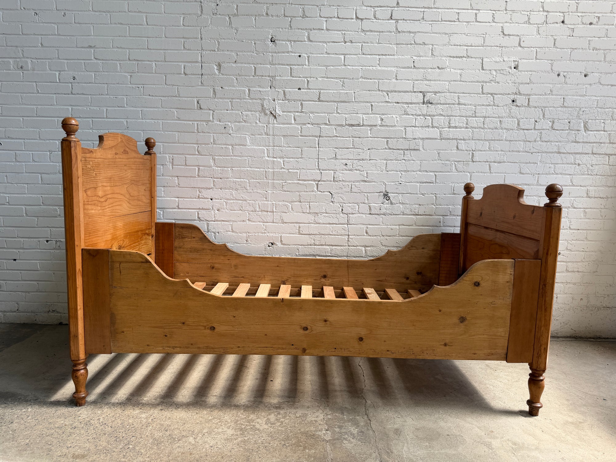 Antique Pine Sleigh Bed with High Headboard