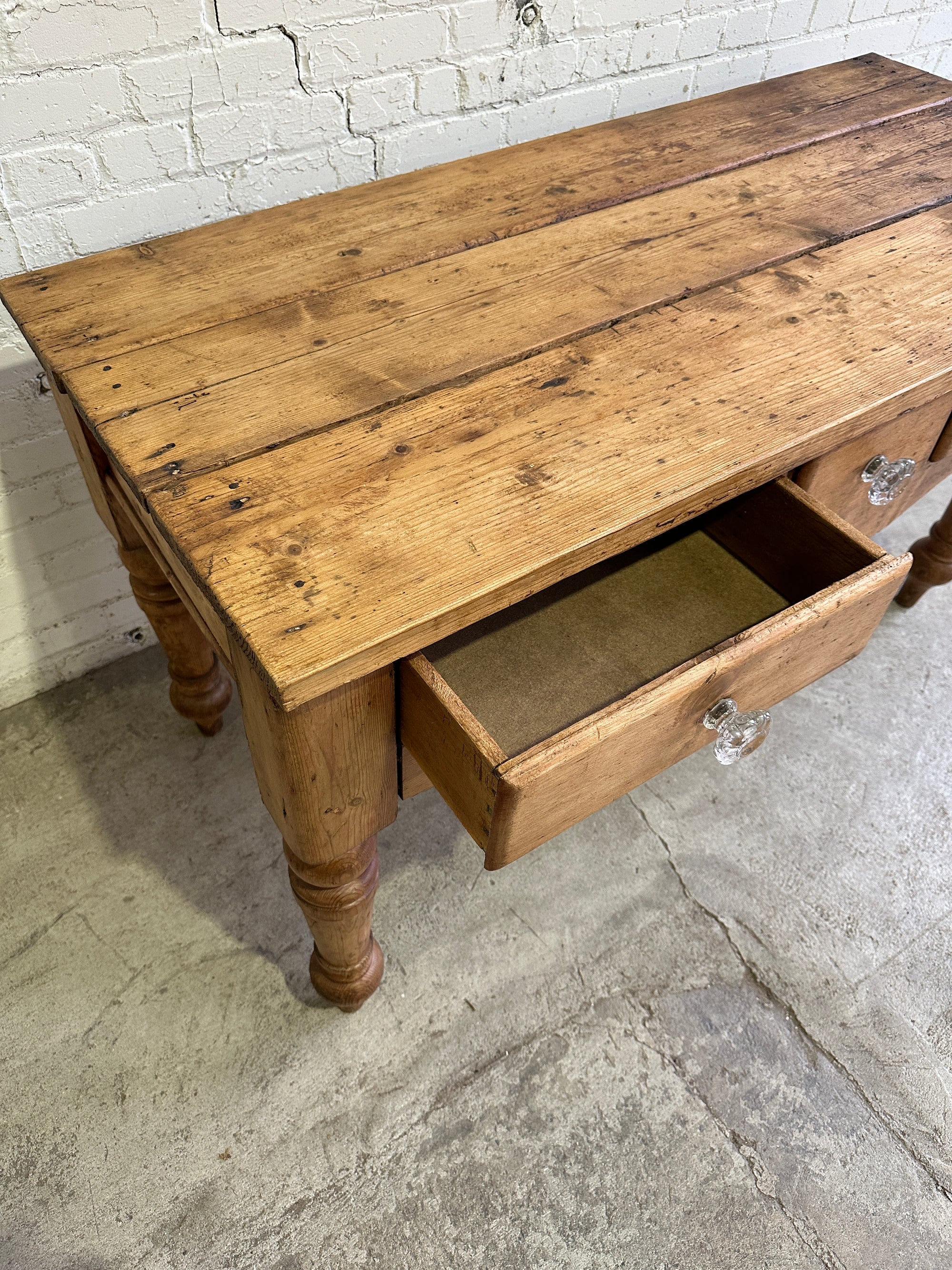 **On Hold** Antique Pine Harvest Table with Glass Knobs c. 1840