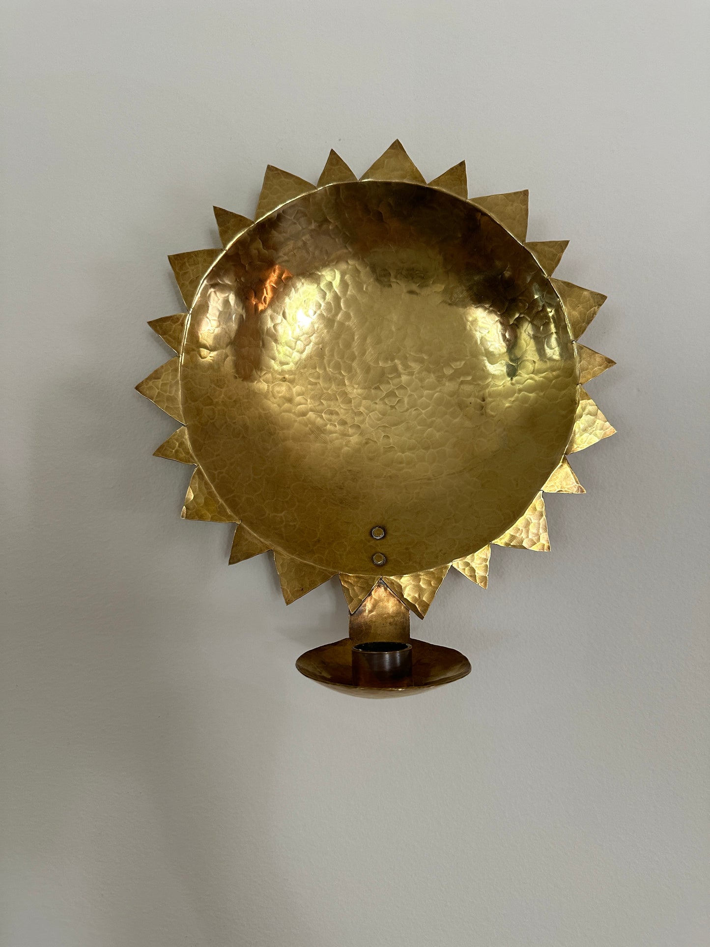 A Pair of Swedish Hammered Brass Sun Sconces