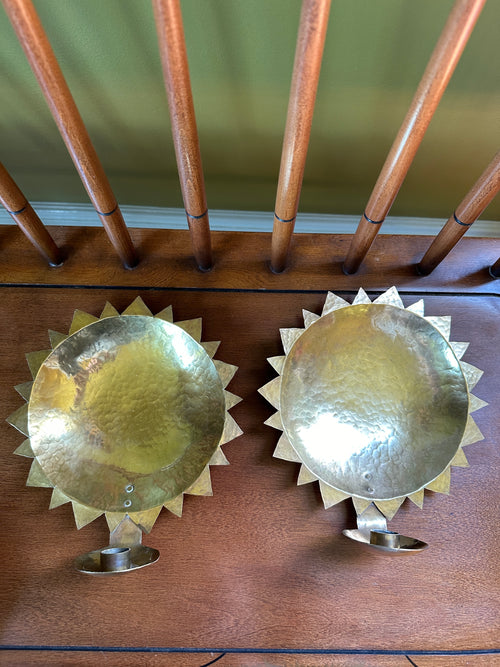 A Pair of Swedish Hammered Brass Sun Sconces