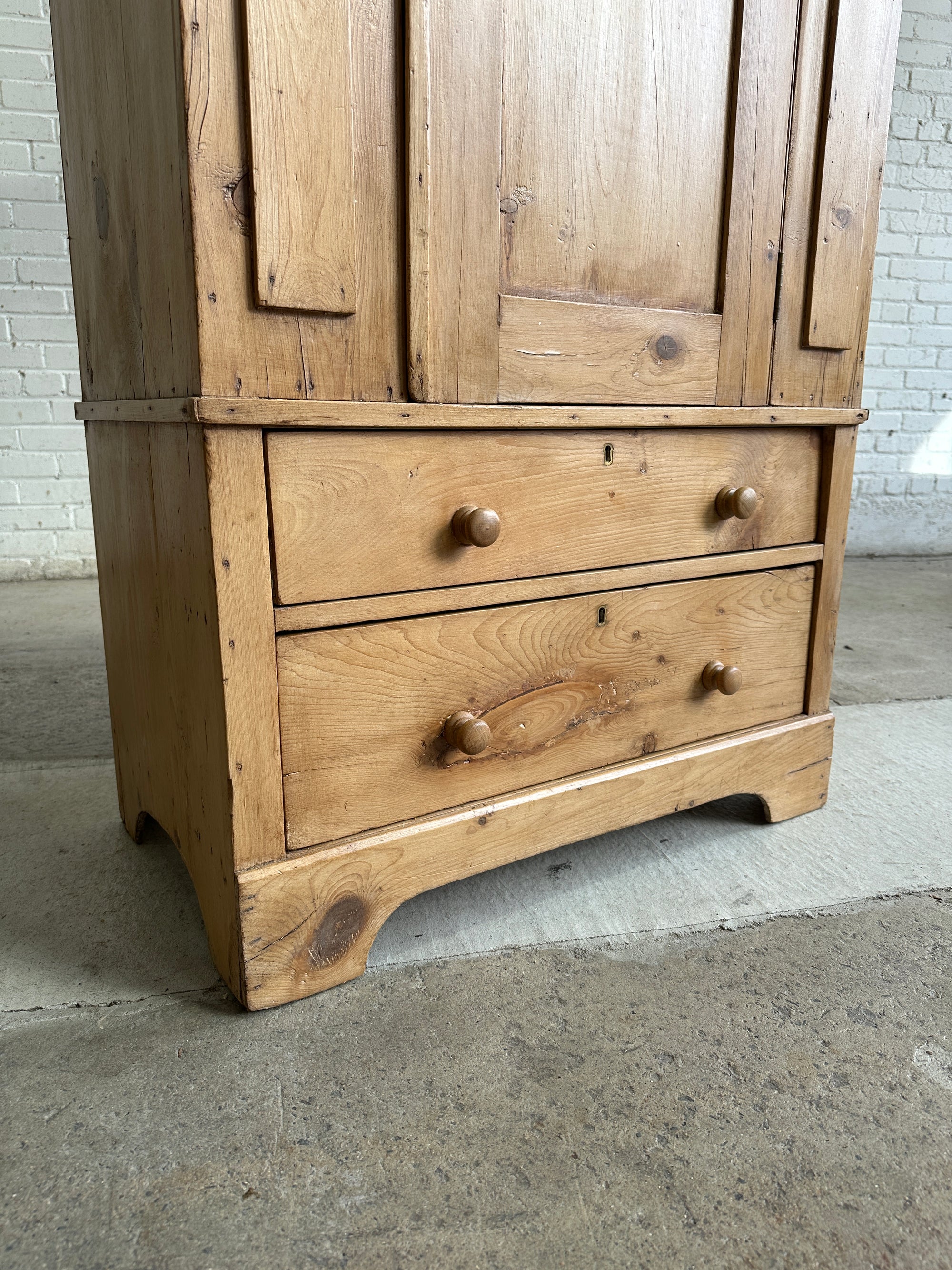 Antique Pine Narrow Cupboard with Drawers c. 1890