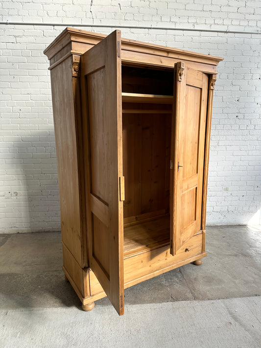 Antique Pine European Wardrobe with Drawer c. 1900