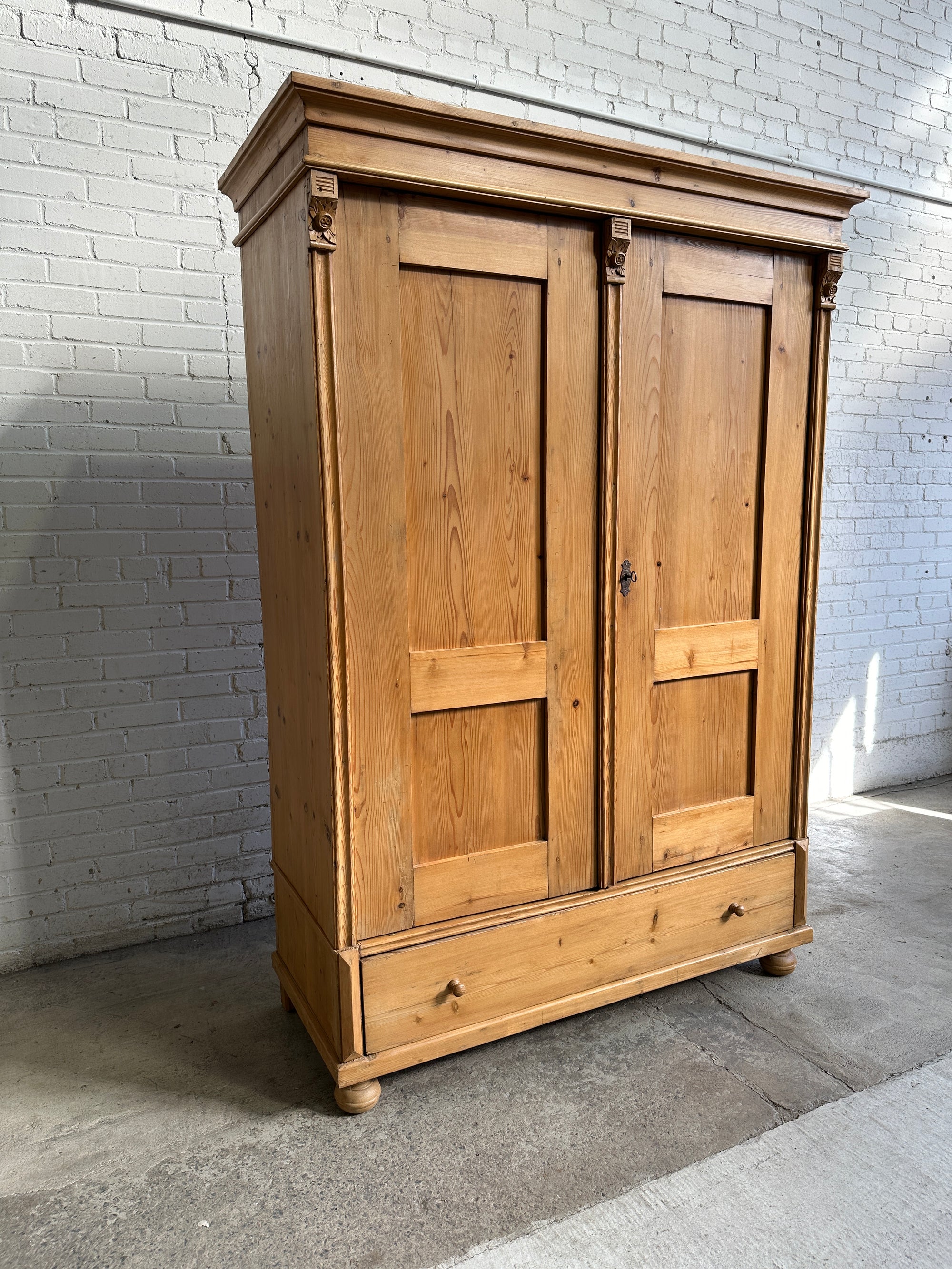 Antique Pine European Wardrobe with Drawer c. 1900