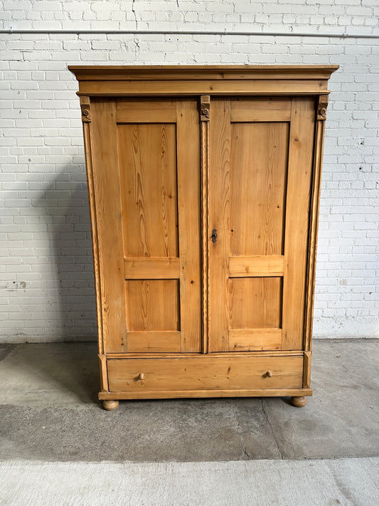 Antique Pine European Wardrobe with Drawer c. 1900