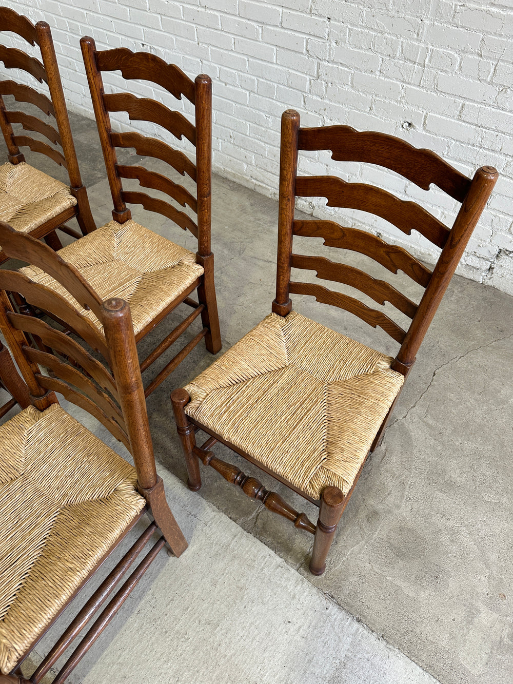 Antique English Oak Ladderback Chairs with Rush Seats c. 1900