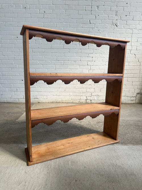 Antique English Pine and Mahogany Scalloped Wall Shelf, c. 1890