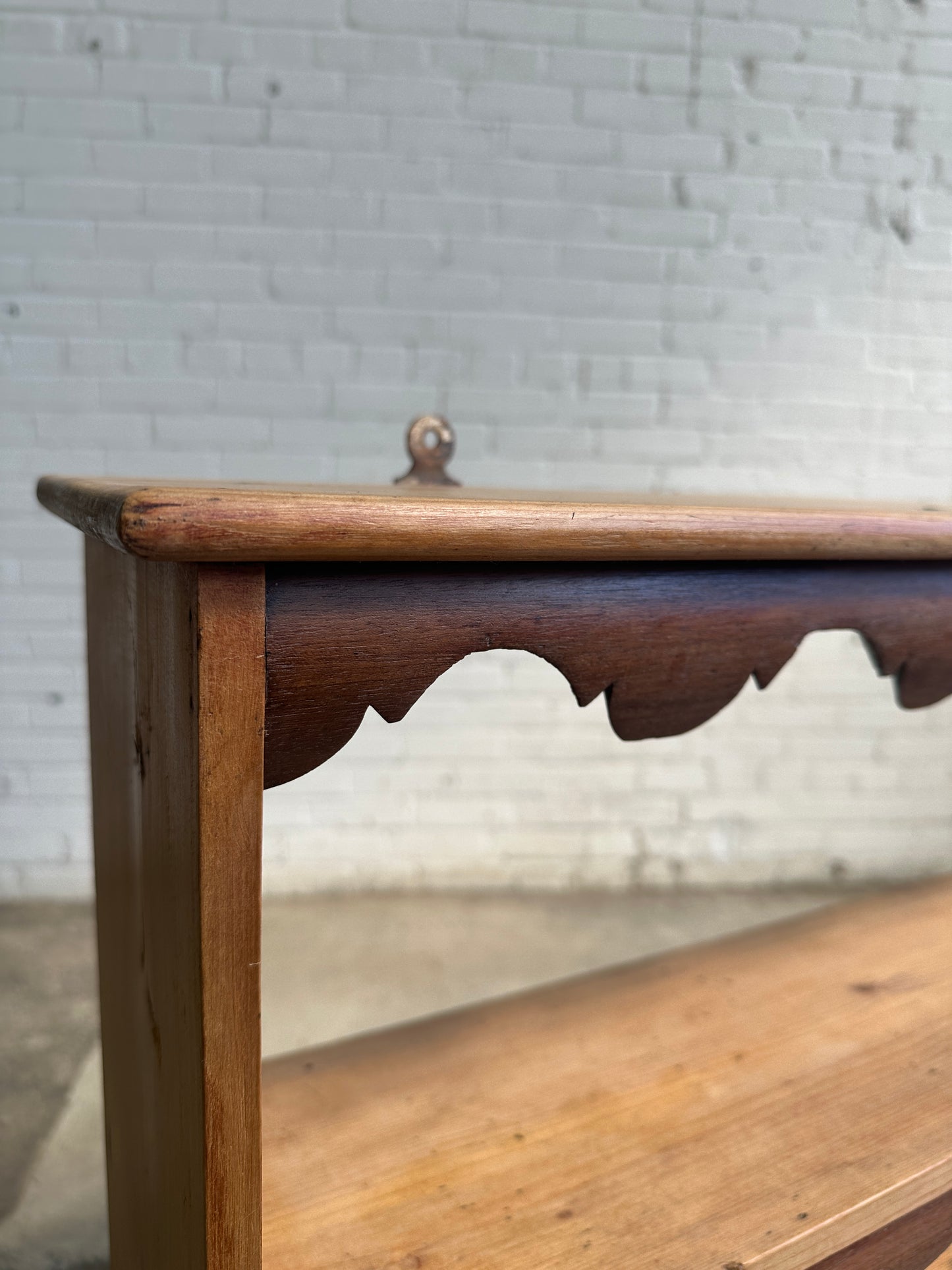 Antique English Pine and Mahogany Scalloped Wall Shelf, c. 1890