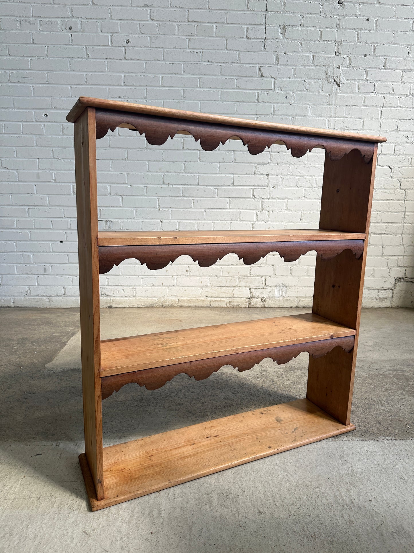 Antique English Pine and Mahogany Scalloped Wall Shelf, c. 1890