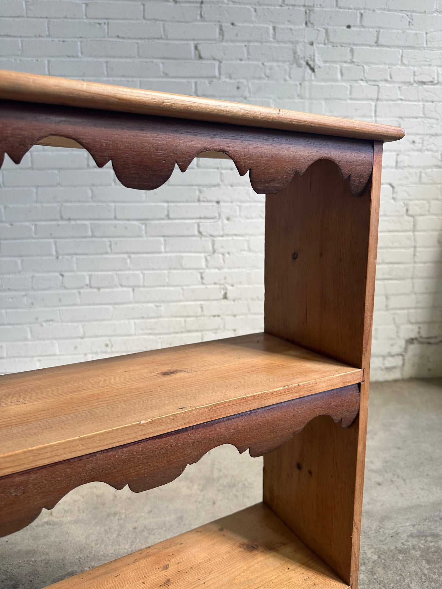 Antique English Pine and Mahogany Scalloped Wall Shelf, c. 1890