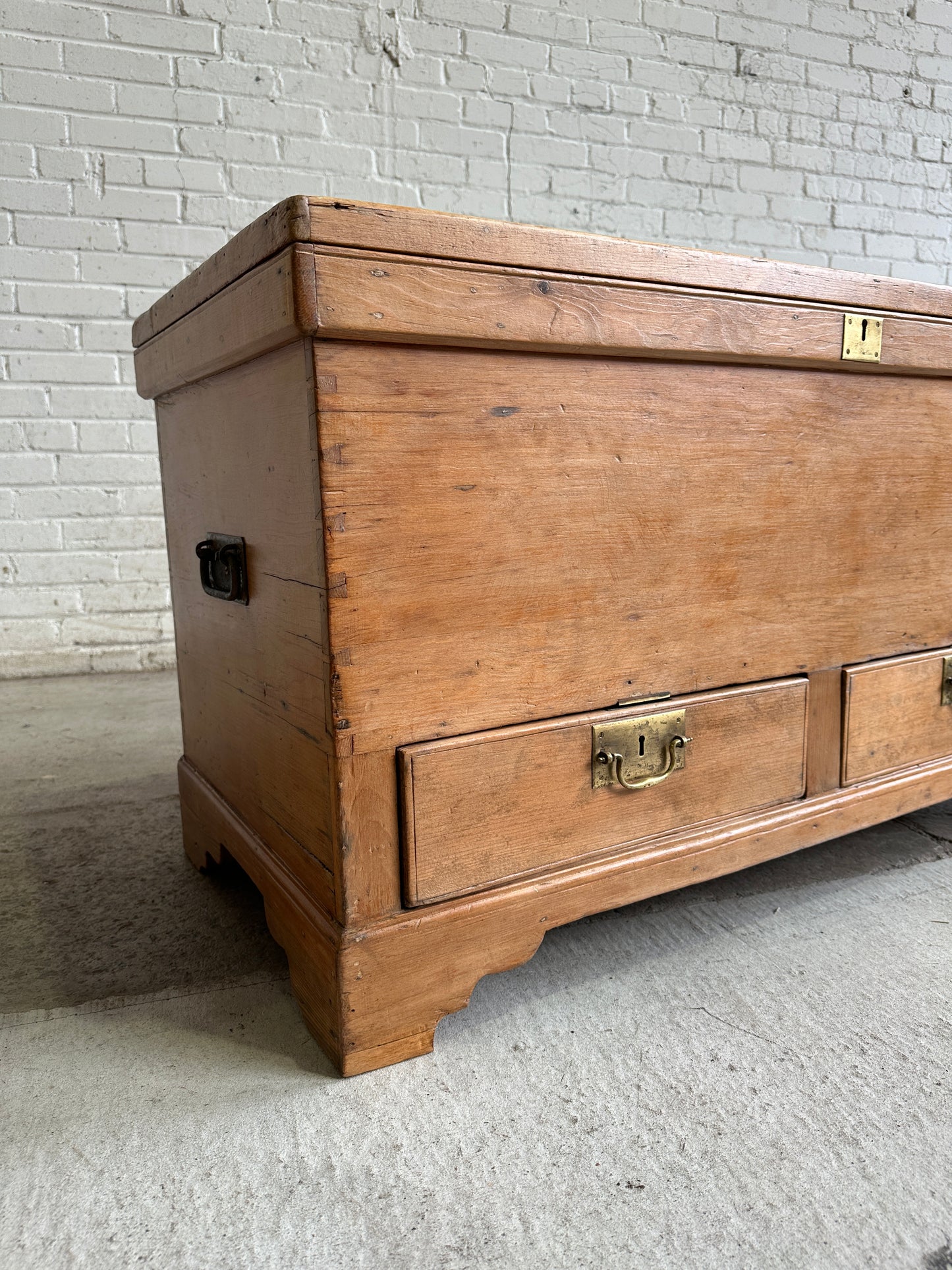 Antique Pine English Mule Chest with Brass Hardware c. 1860