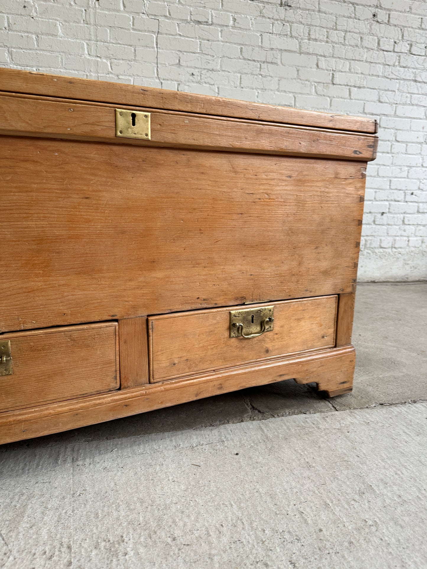 Antique Pine English Mule Chest with Brass Hardware c. 1860