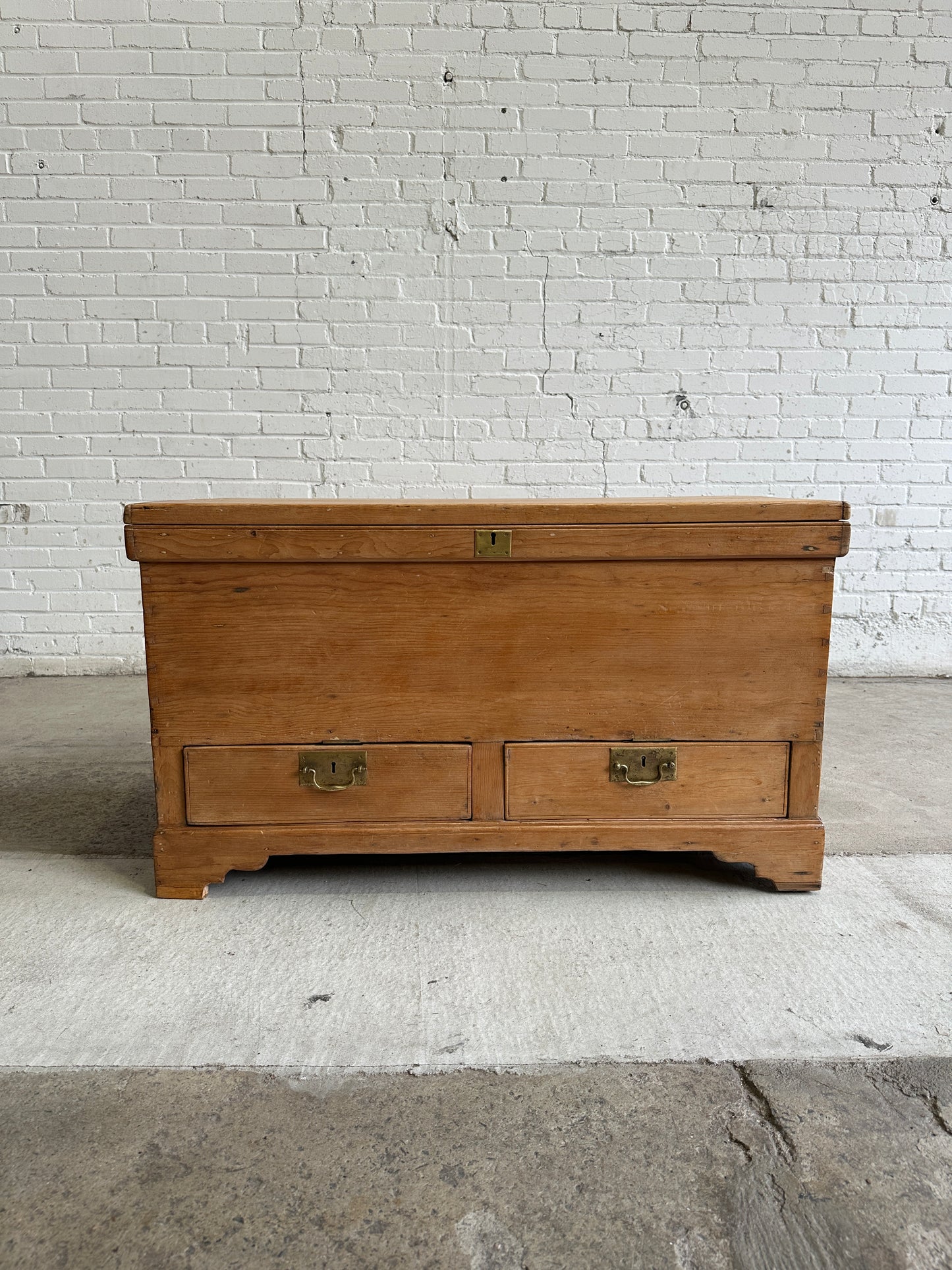 Antique Pine English Mule Chest with Brass Hardware c. 1860