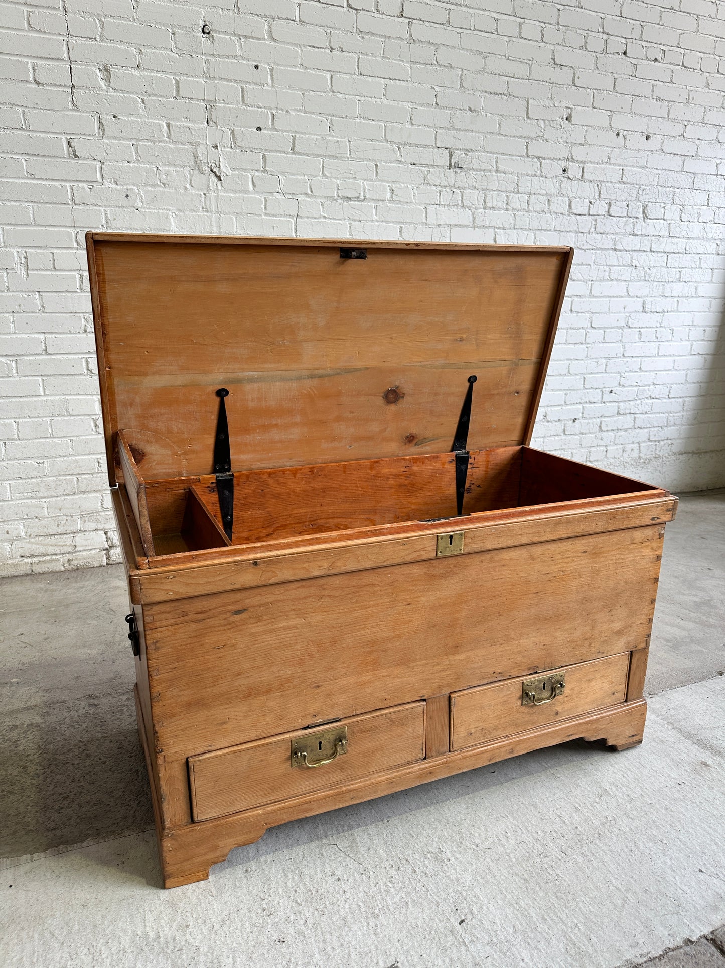 Antique Pine English Mule Chest with Brass Hardware c. 1860