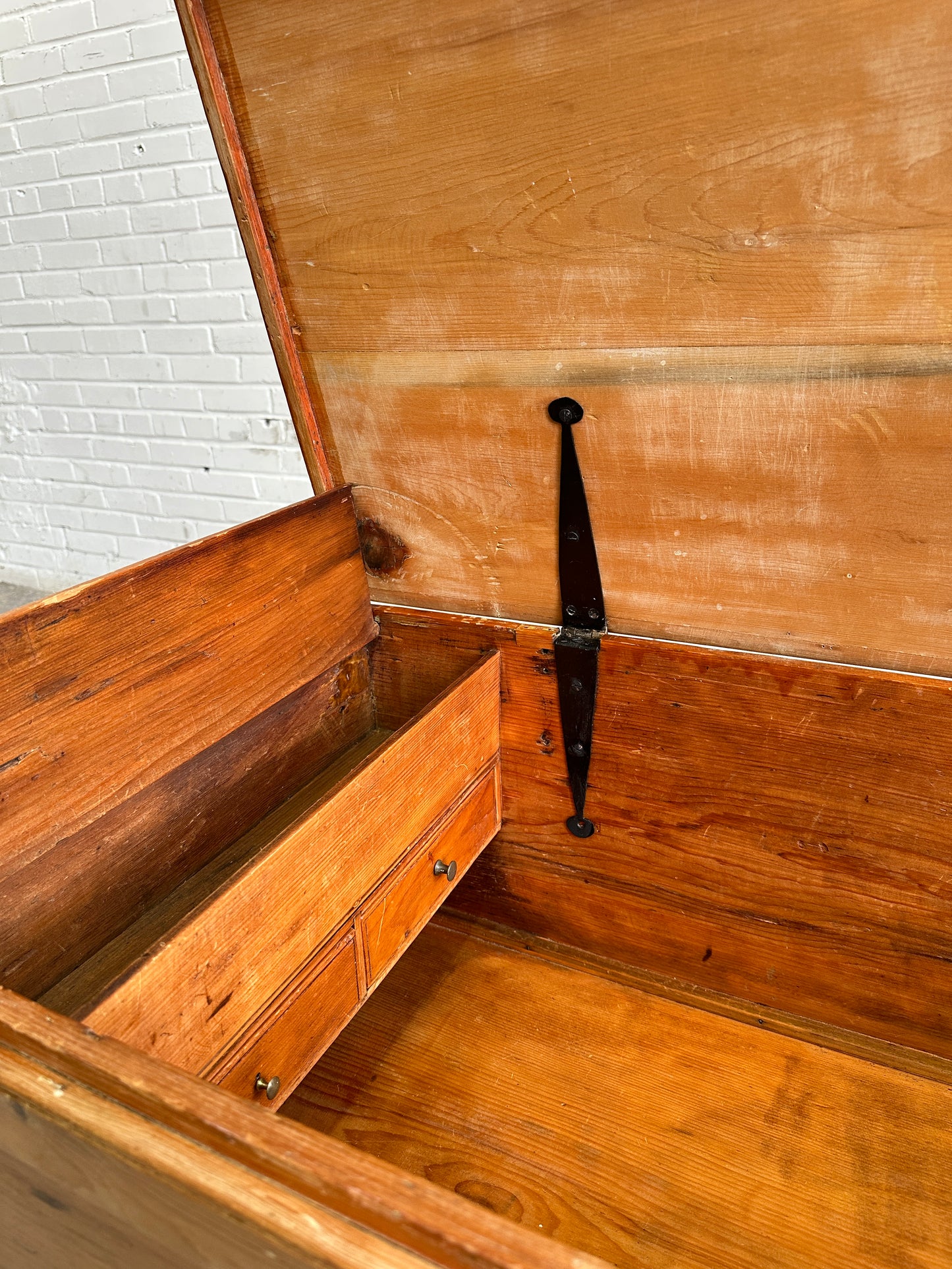 Antique Pine English Mule Chest with Brass Hardware c. 1860