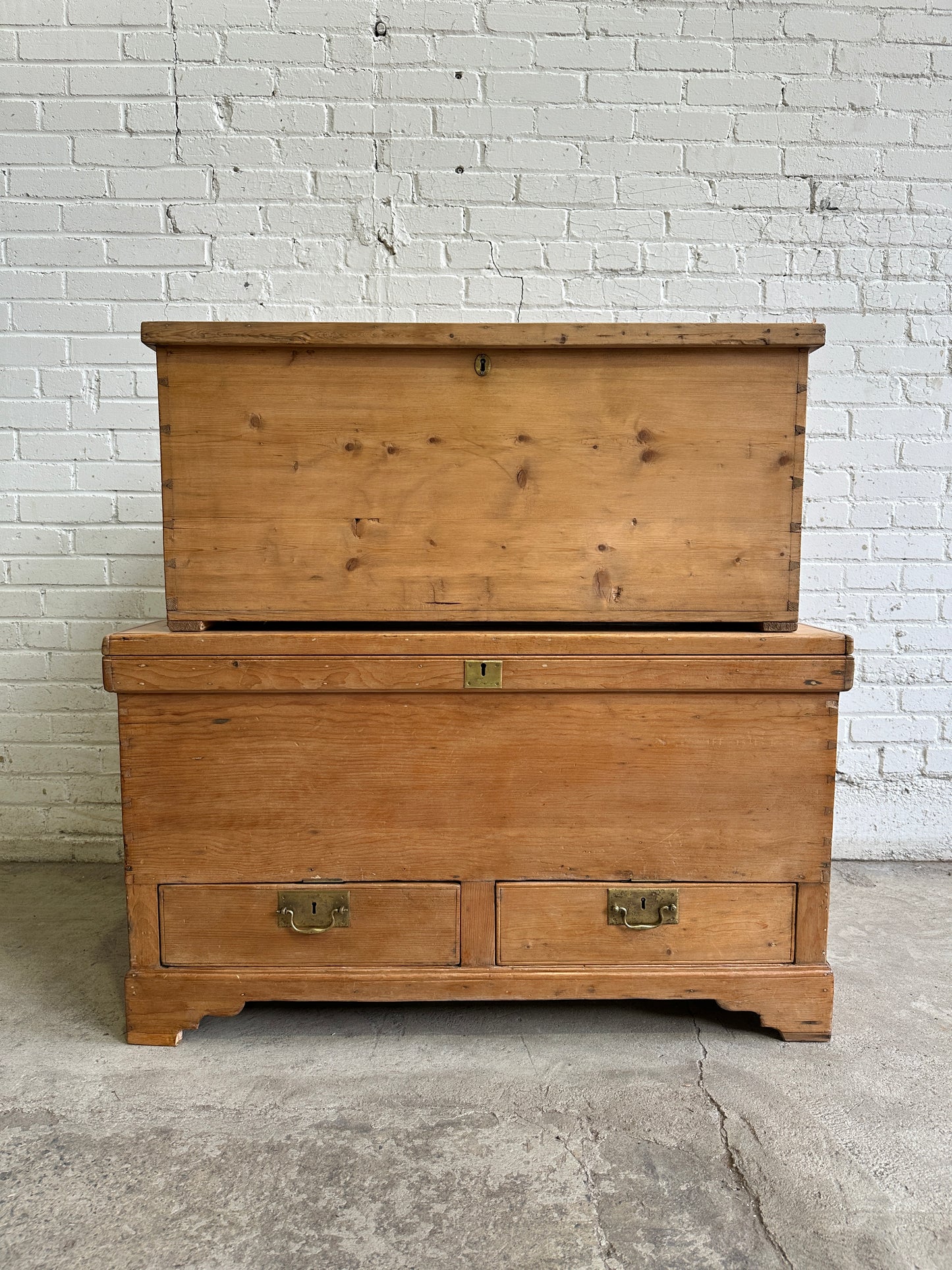 Antique Pine English Mule Chest with Brass Hardware c. 1860