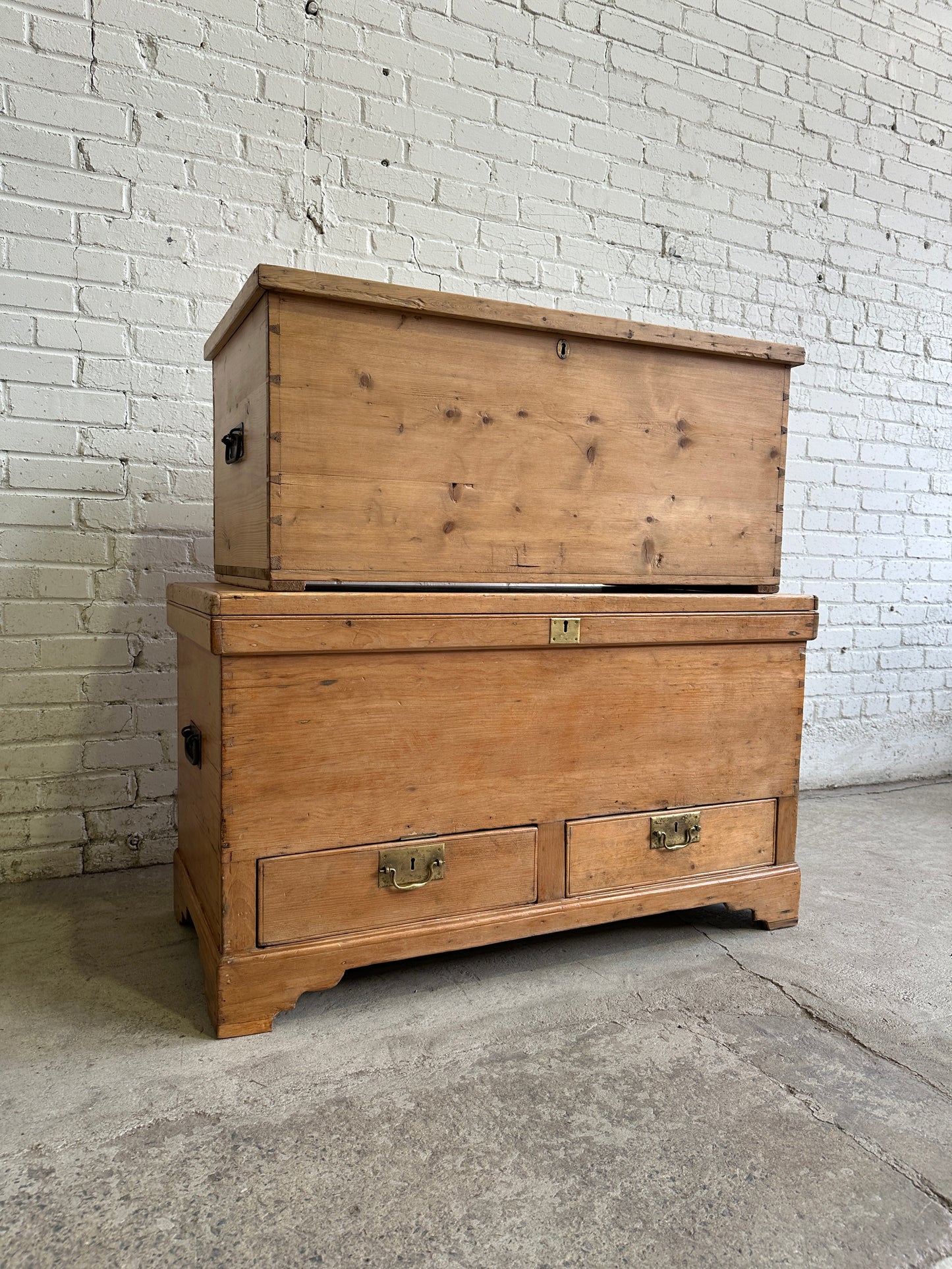 Antique Pine English Mule Chest with Brass Hardware c. 1860