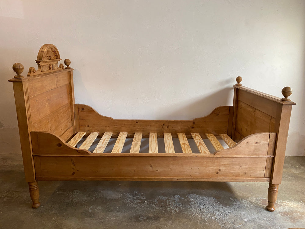 Antique Pine Sleigh Bed with Sunburst Pediment c. 1890