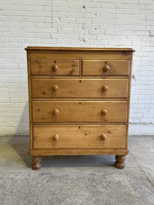 Antique Pine English Chest of Drawers with Fruitwood Knobs c. 1880