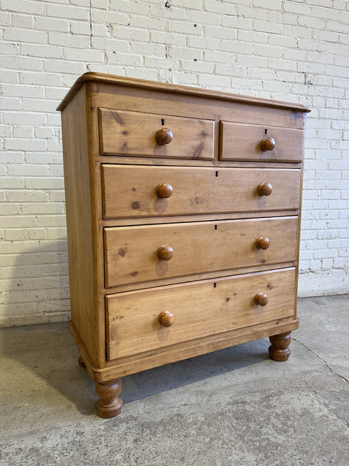 Antique Pine English Chest of Drawers with Fruitwood Knobs c. 1880