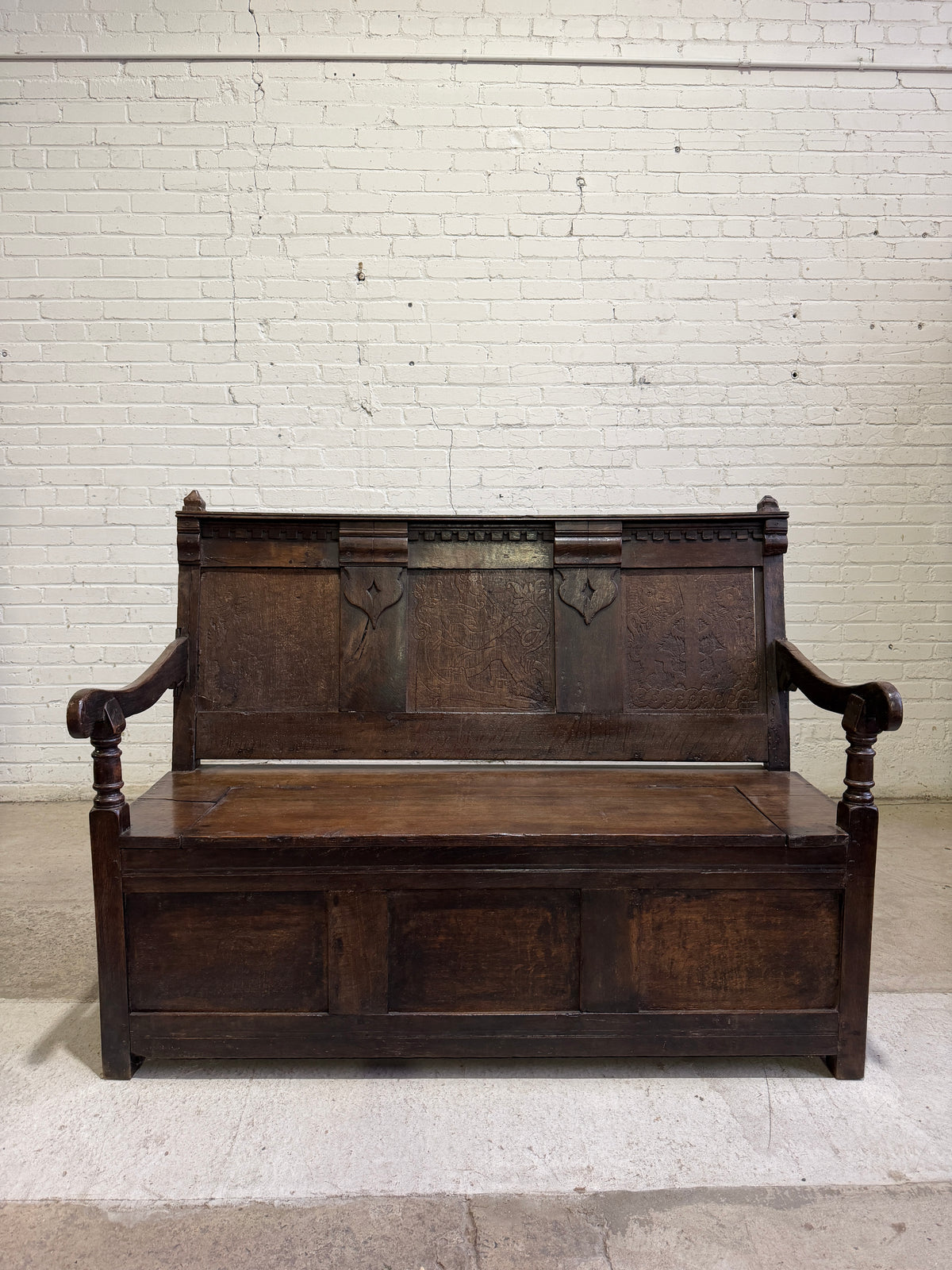 An 18th Century Antique Oak Carved Bench, c. 1760