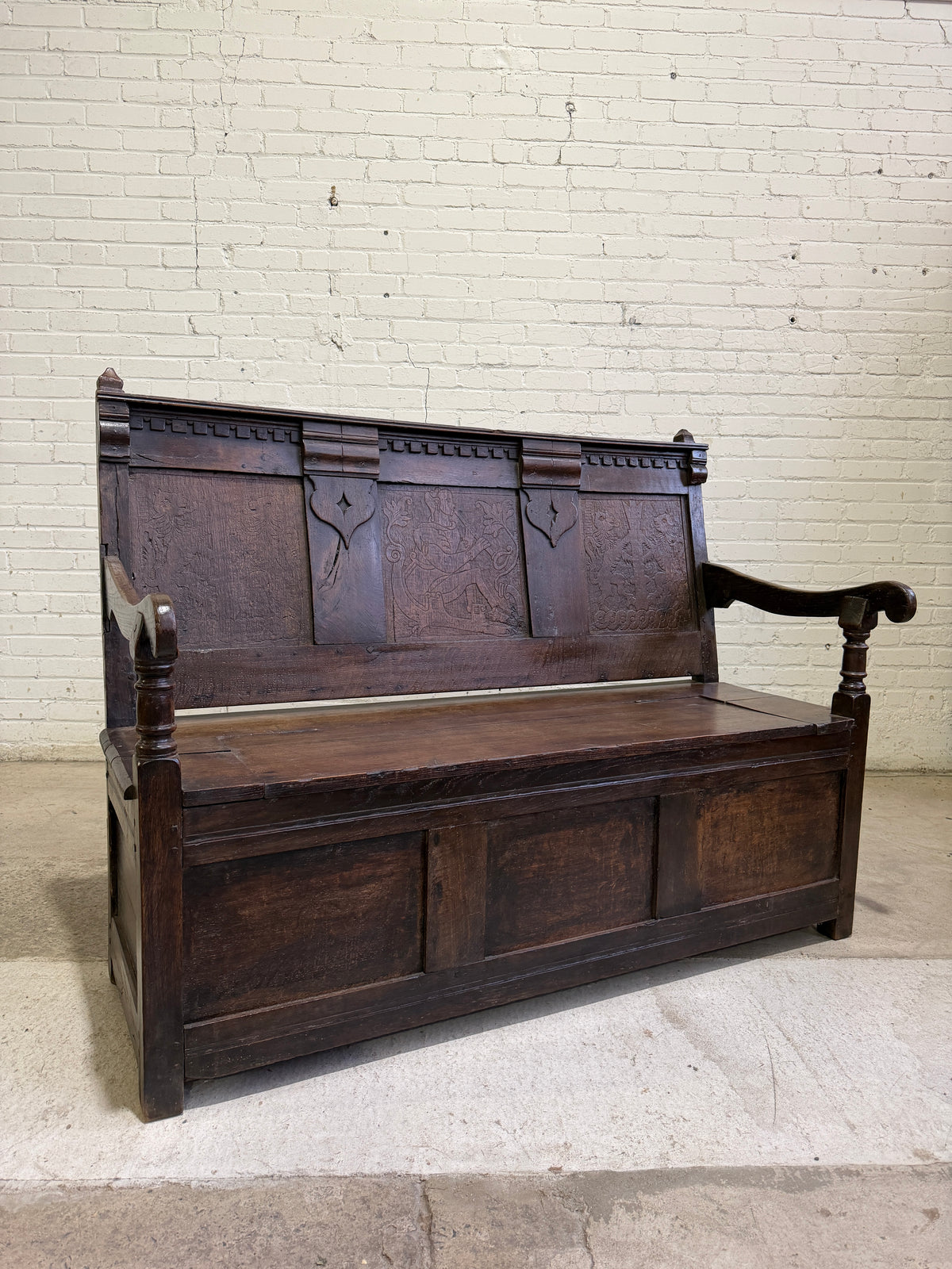 An 18th Century Antique Oak Carved Bench, c. 1760