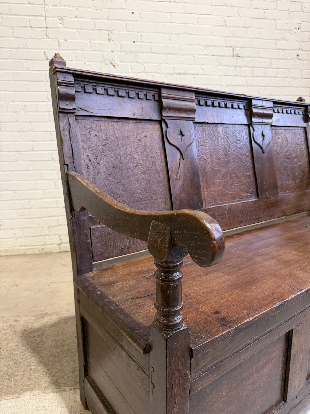 An 18th Century Antique Oak Carved Bench, c. 1760