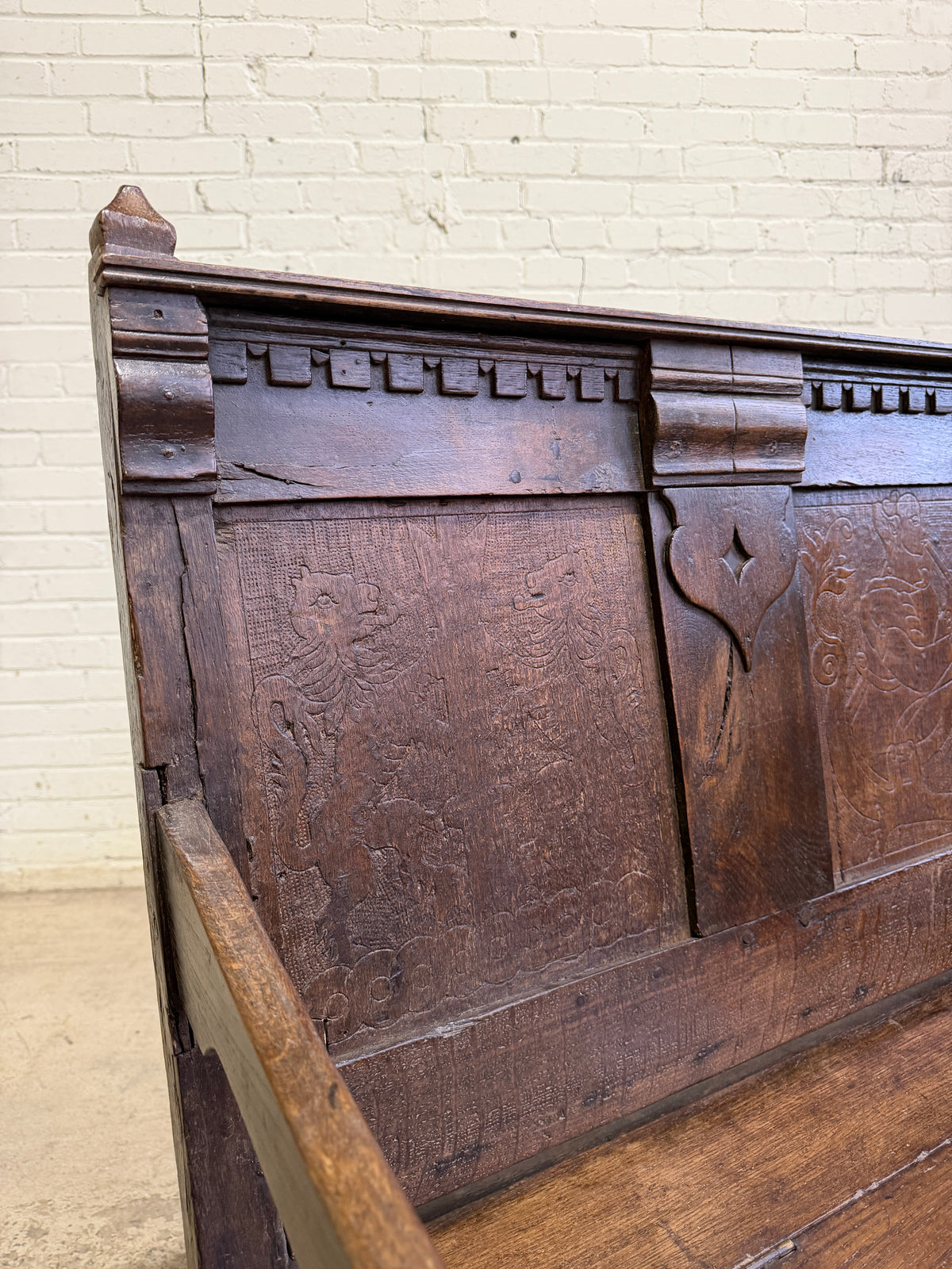 An 18th Century Antique Oak Carved Bench, c. 1760