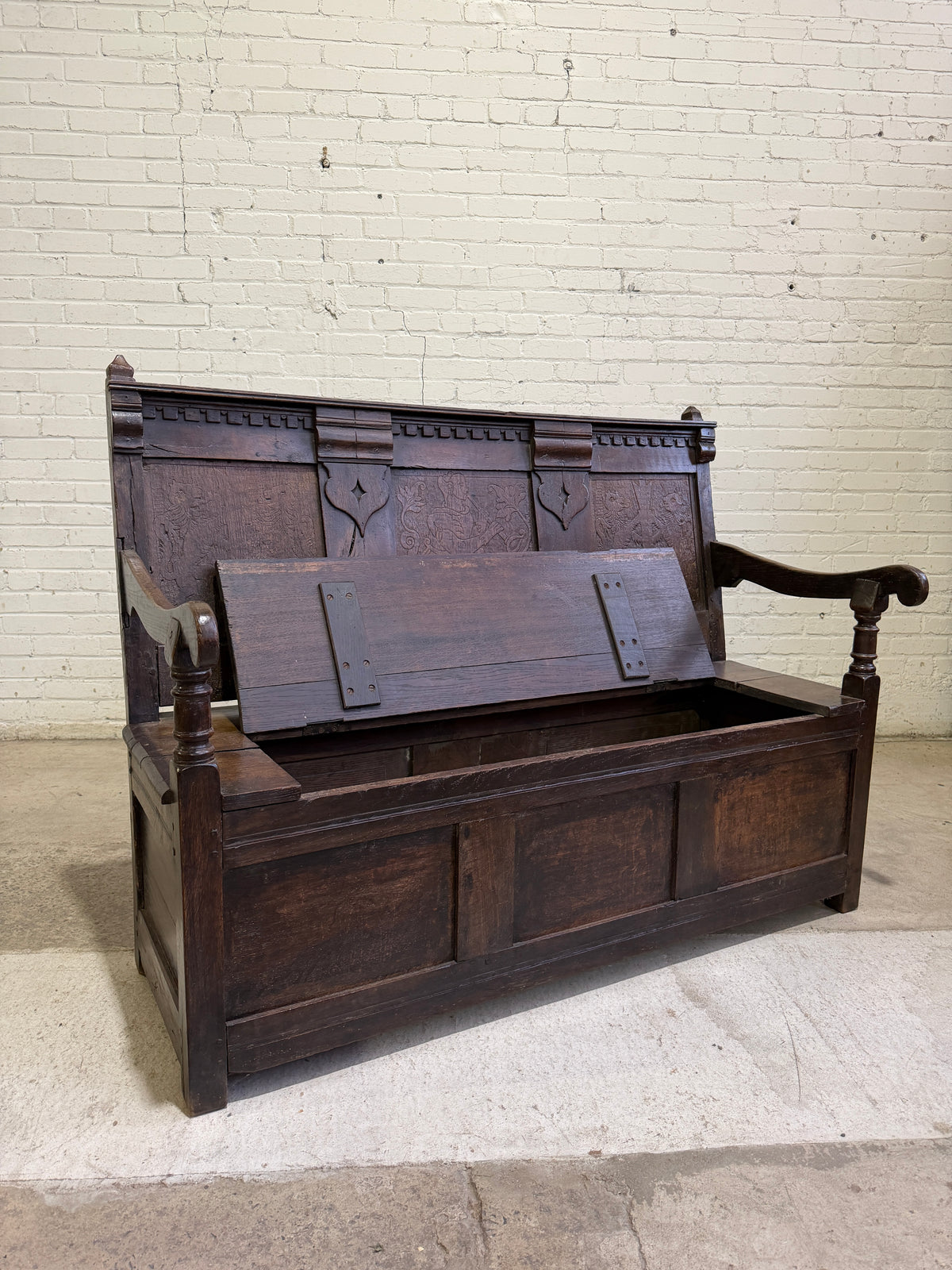 An 18th Century Antique Oak Carved Bench, c. 1760