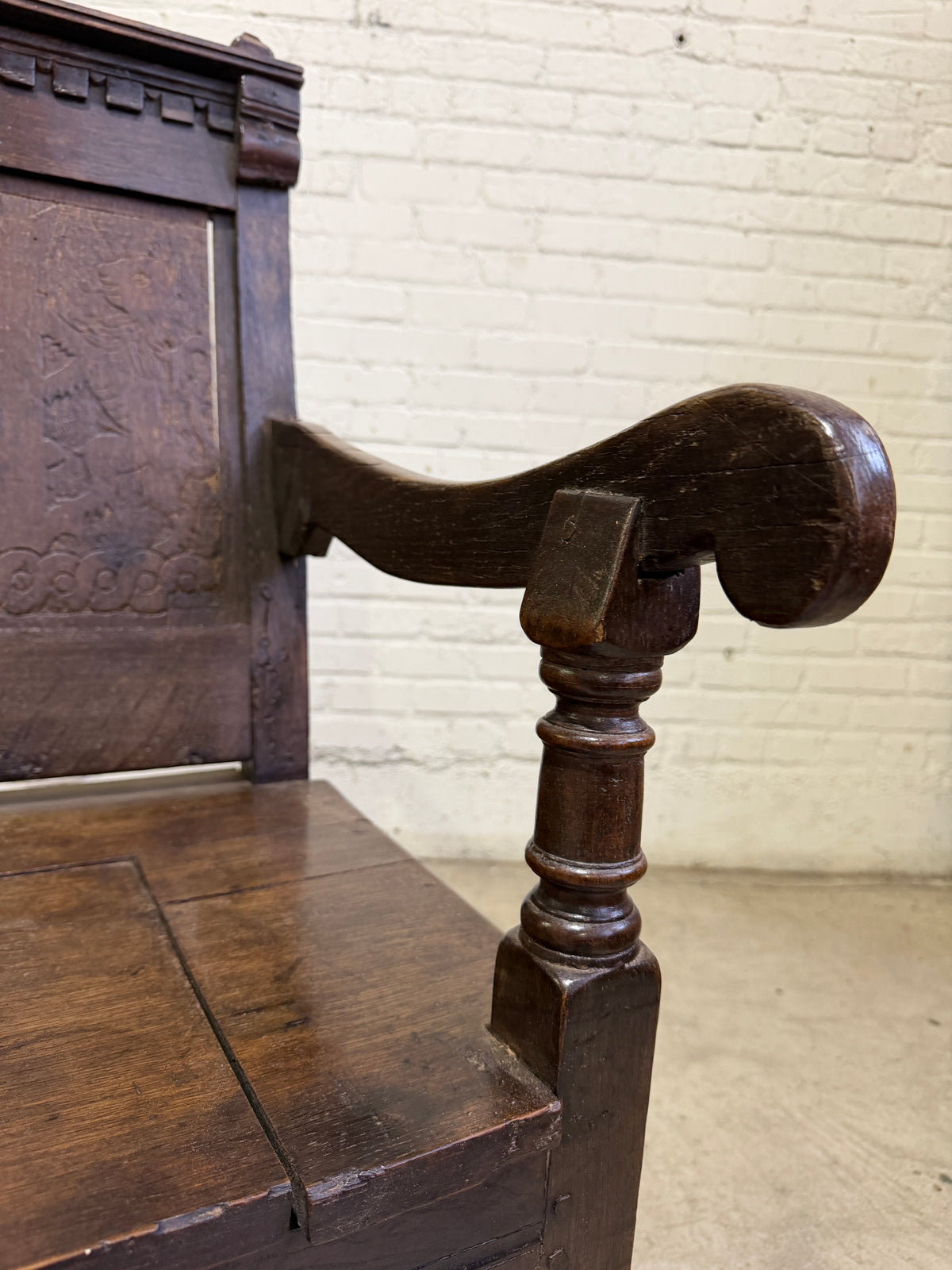 An 18th Century Antique Oak Carved Bench, c. 1760