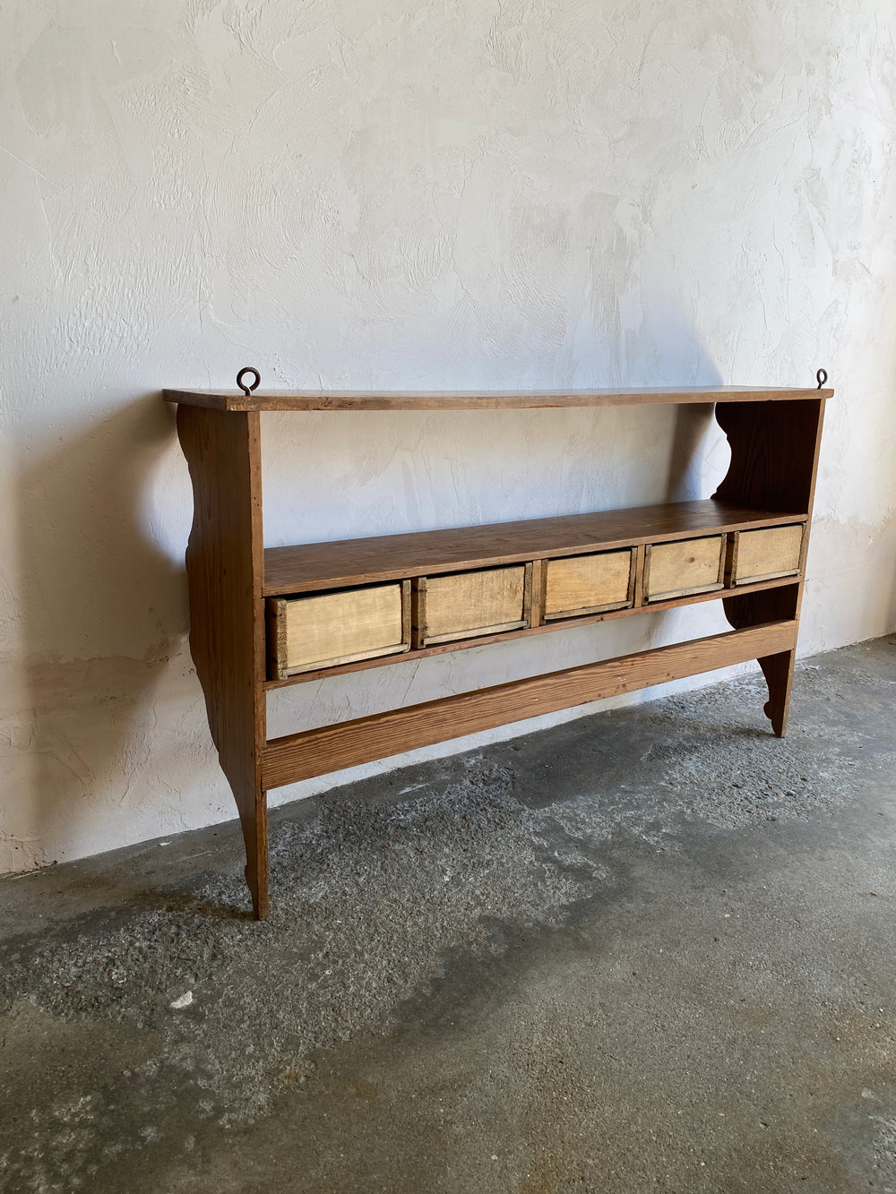 Antique French Pine Wall Shelf with Drawers c. 1900