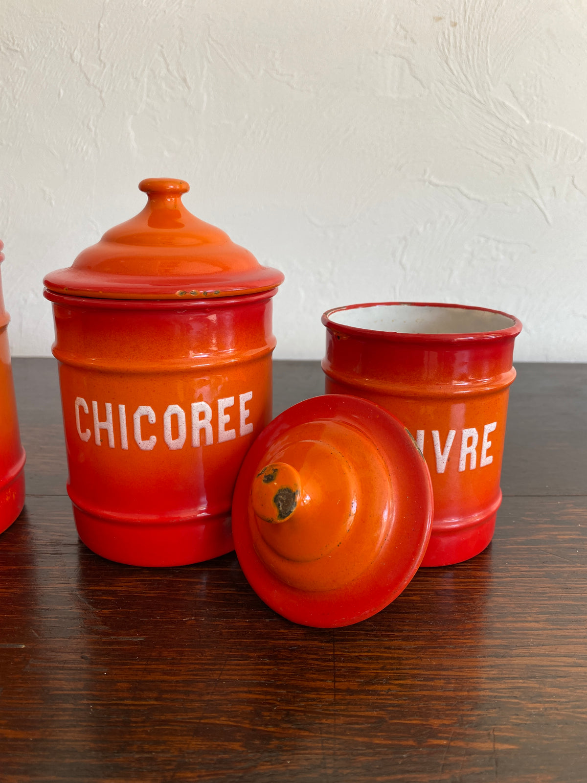 Antique French Enamel Kitchen Canisters c. 1920