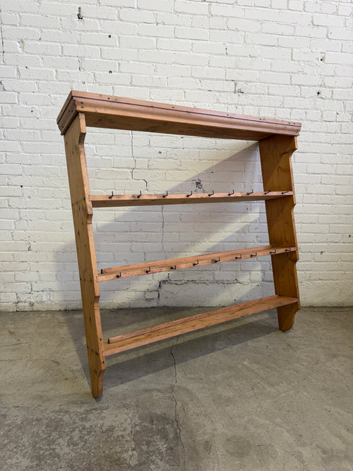 Antique Pine English Plate Rack with Mug Hooks c. 1910