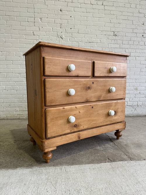 Antique Pine English Chest of Drawers with Ceramic Knobs c. 1900