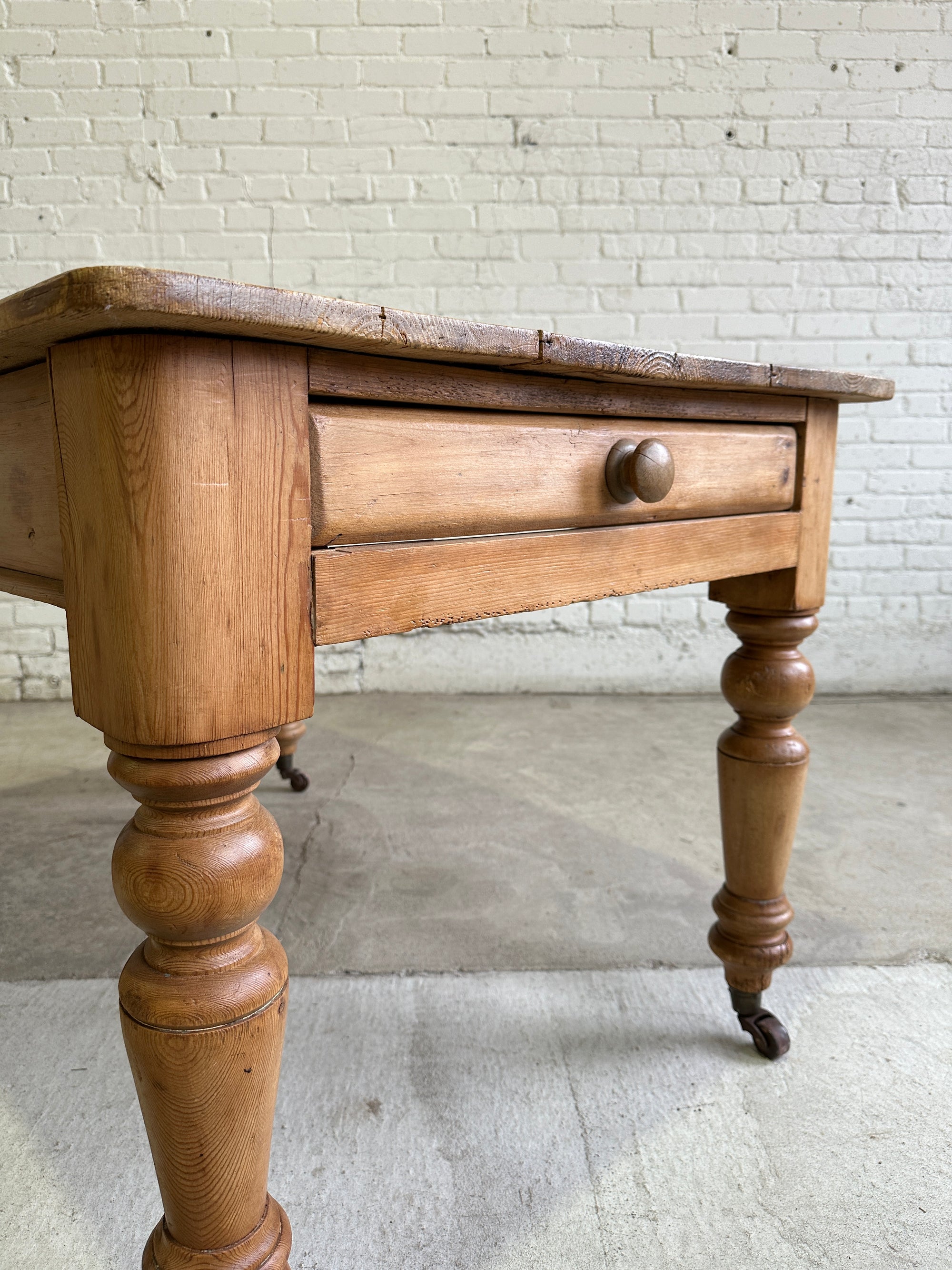Antique Pine English Farmhouse Table on Castors, c. 1880