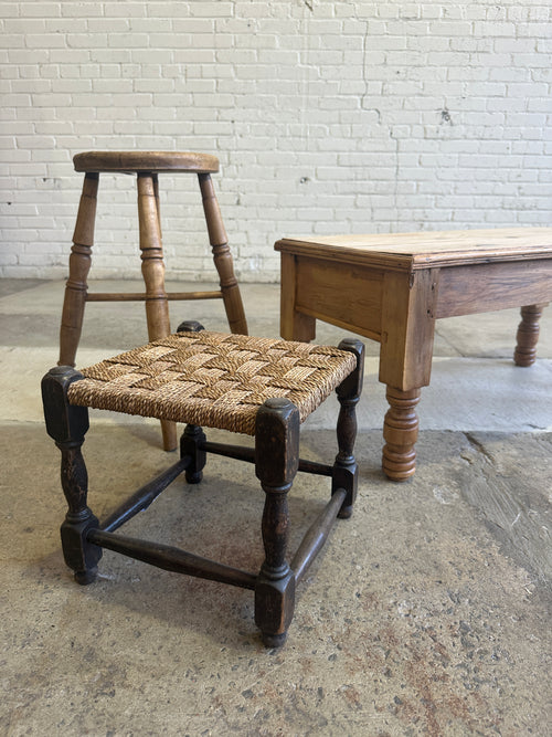 Antique English Woven Oak Stool c. 1910