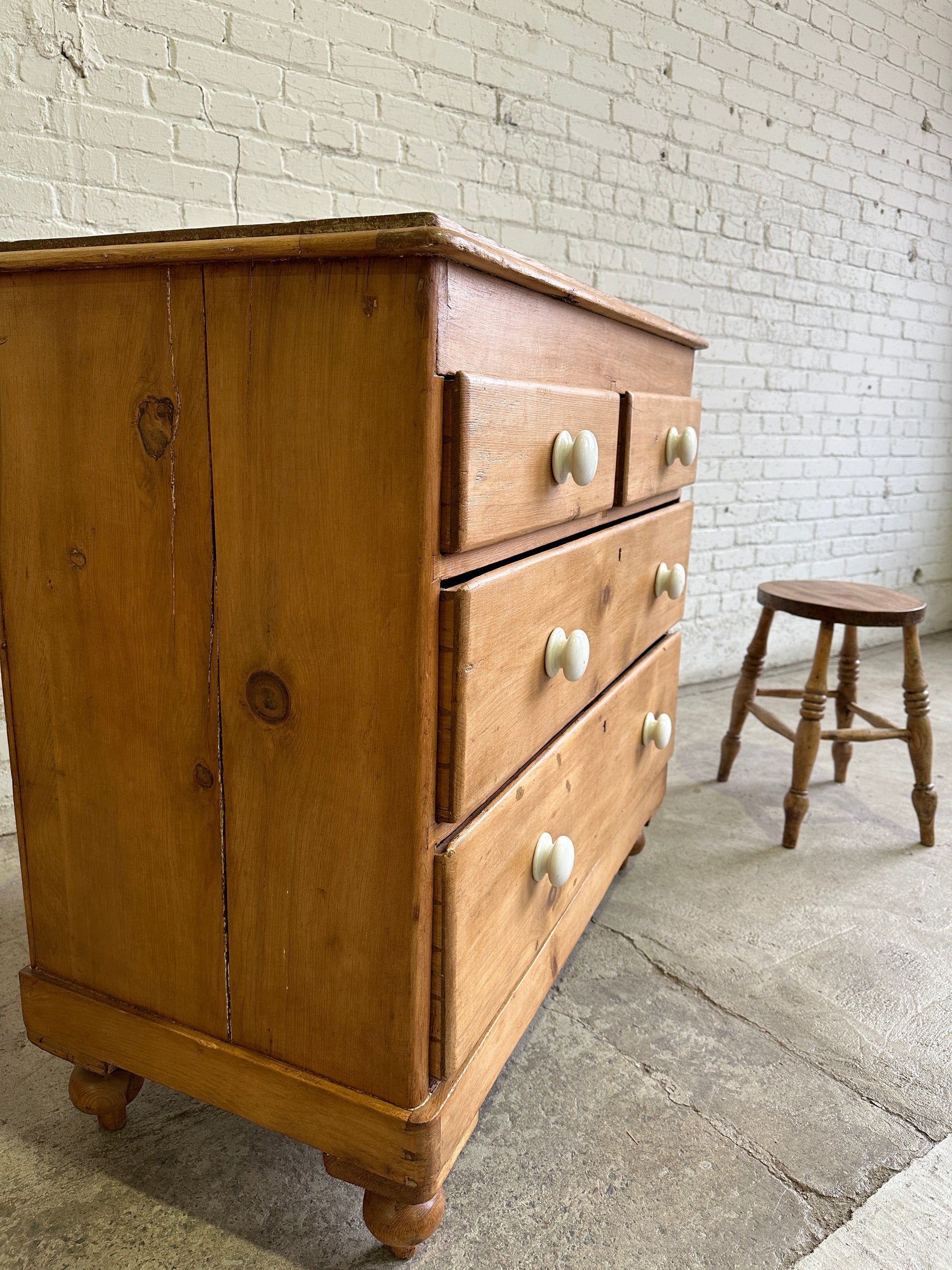 Antique Pine English Chest of Drawers with Ceramic Knobs c. 1900