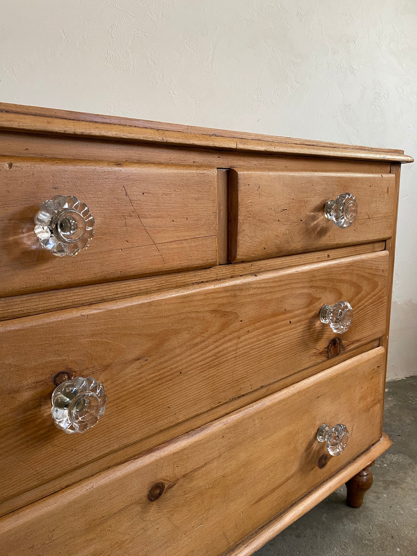 Antique Pine English Chest of Drawers with Glass Knobs c. 1890
