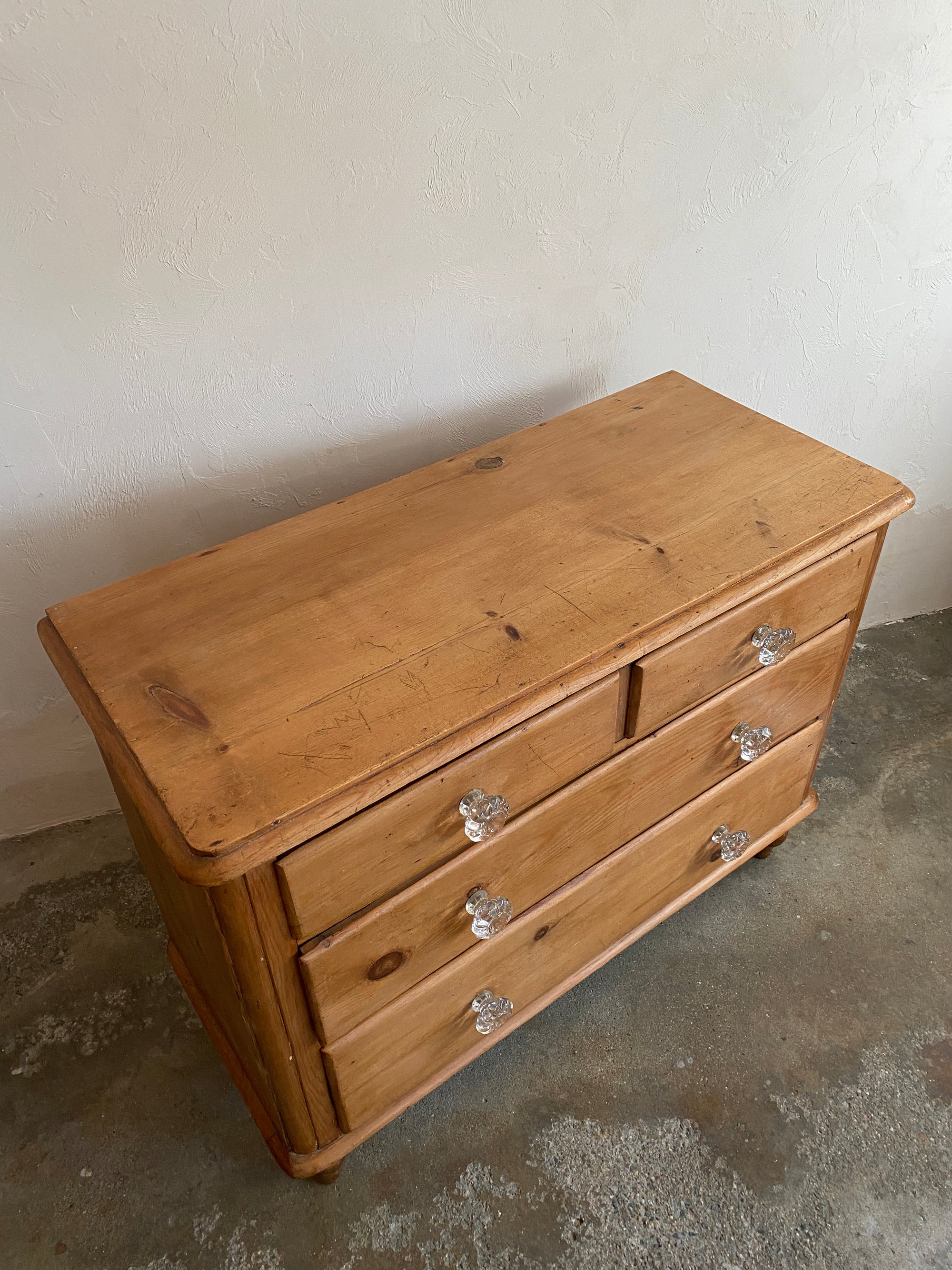 Antique Pine English Chest of Drawers with Glass Knobs c. 1890
