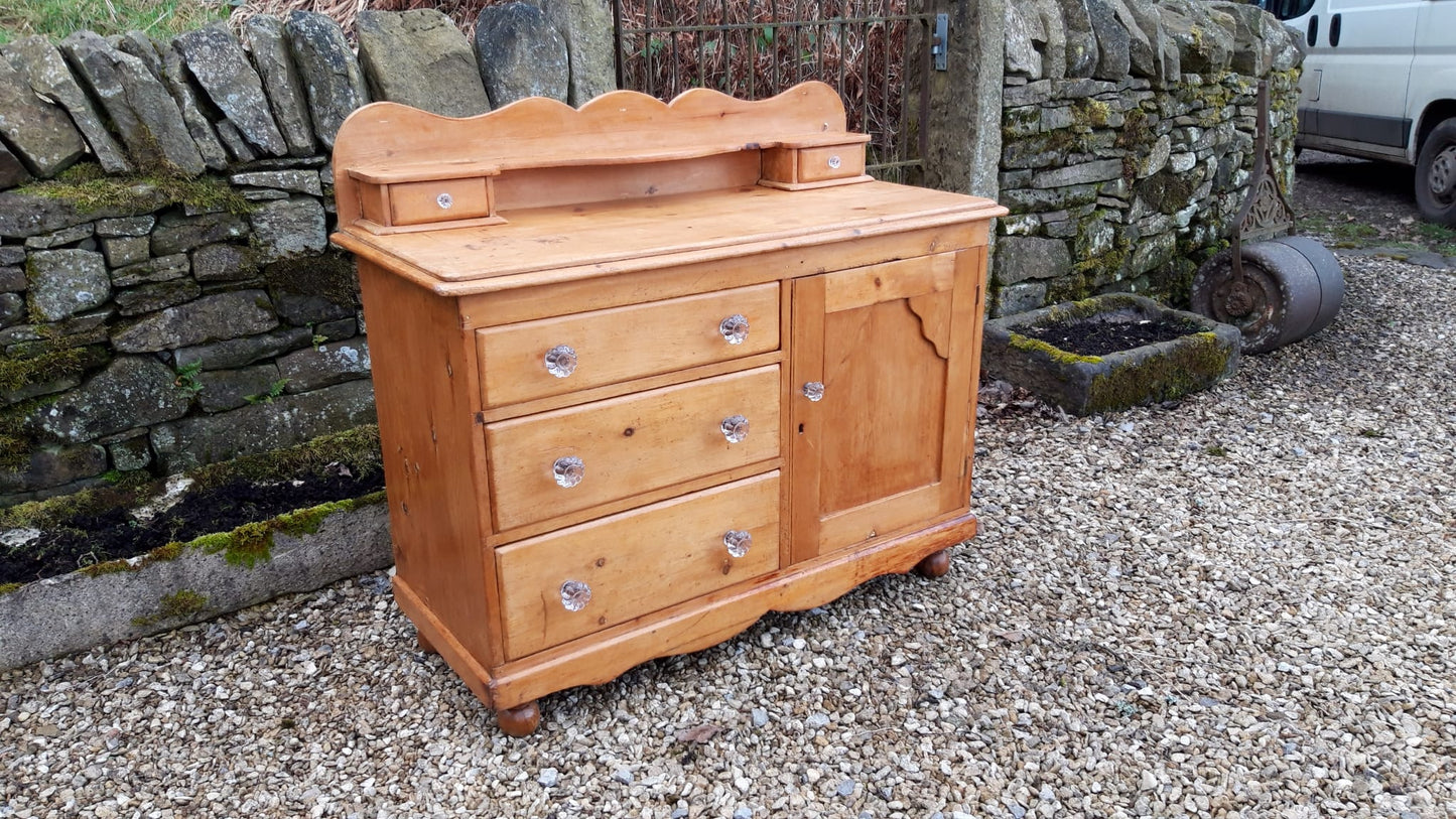 Antique Pine Three Drawer Cupboard with Glass Knobs, c. 1875