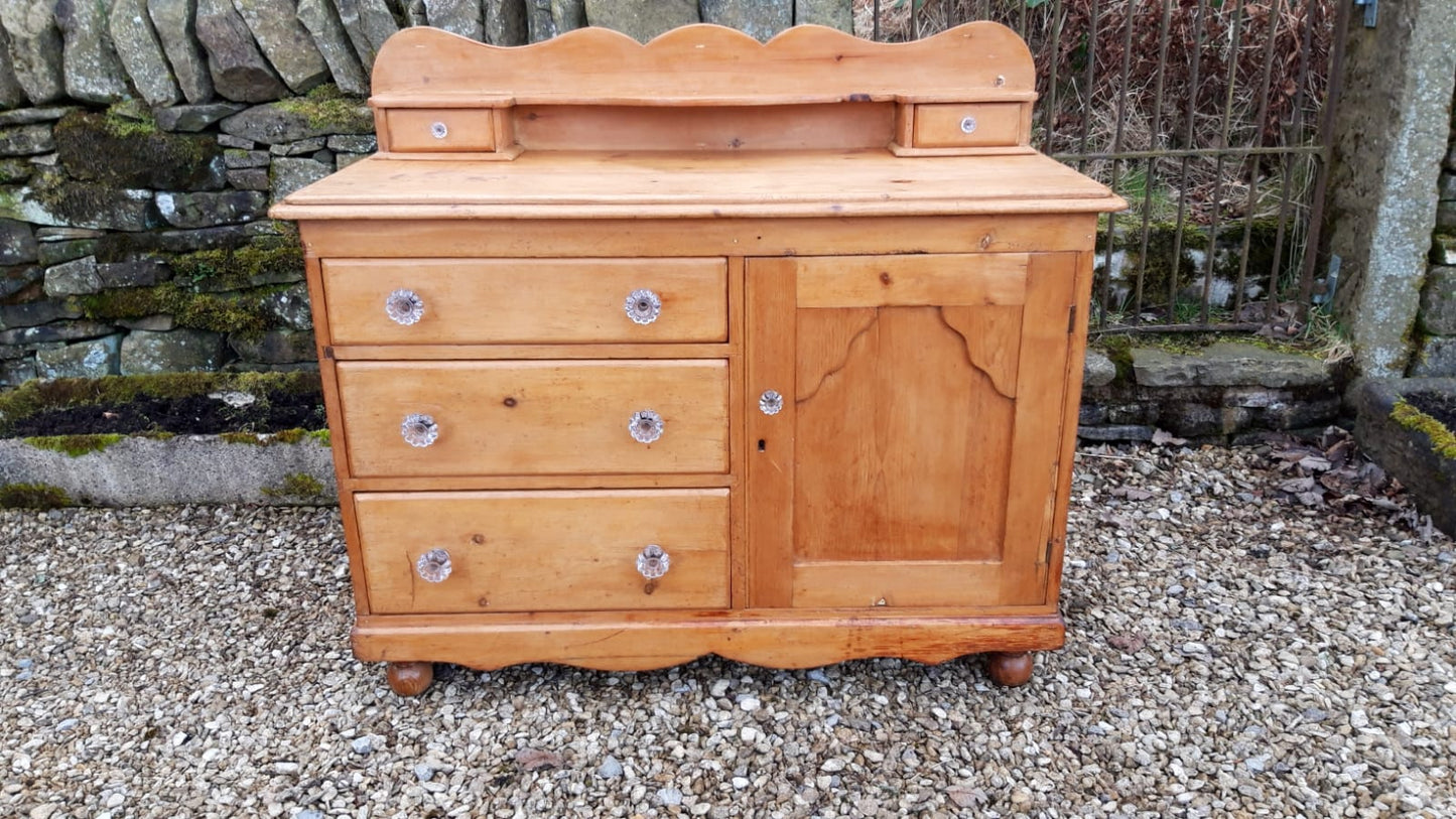 Antique Pine Three Drawer Cupboard with Glass Knobs, c. 1875