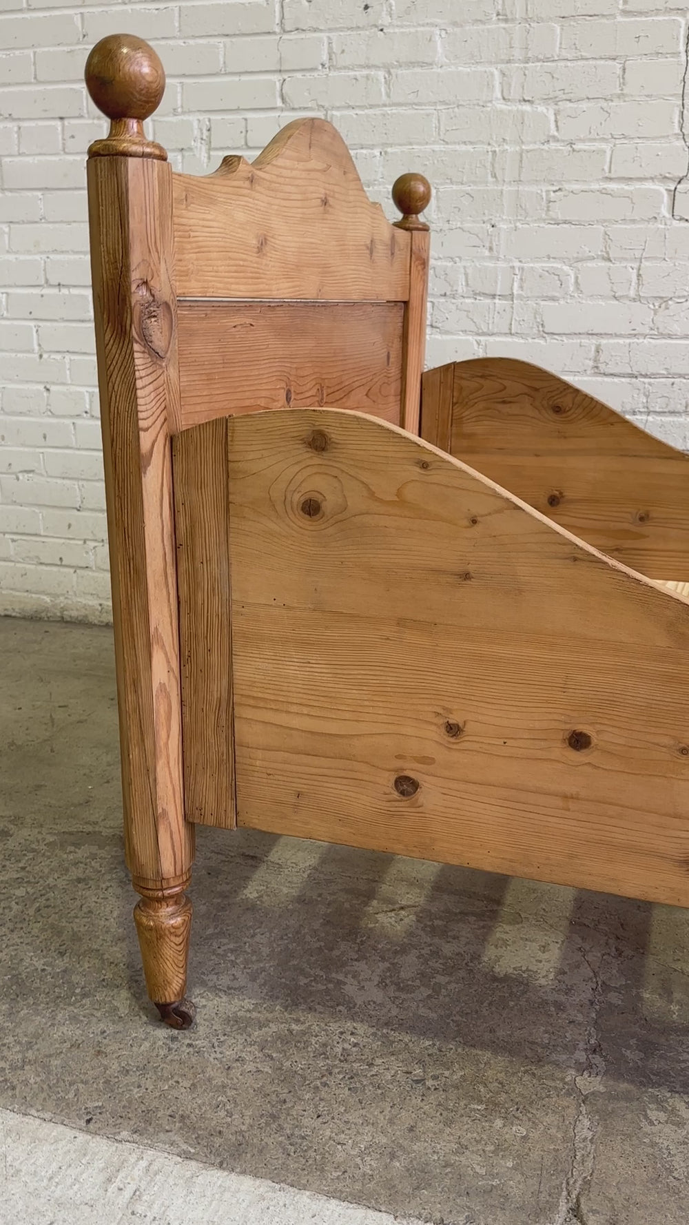 Antique Pine Sleigh Bed with Castors, 1910