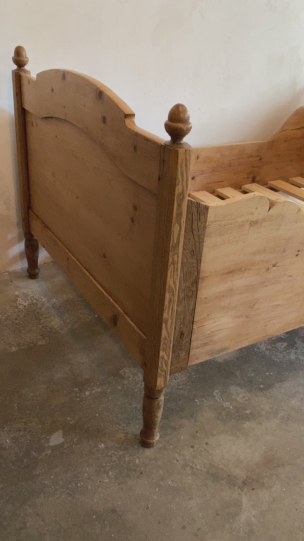 Antique Pine Sleigh Bed with Acorn Finials c. 1890