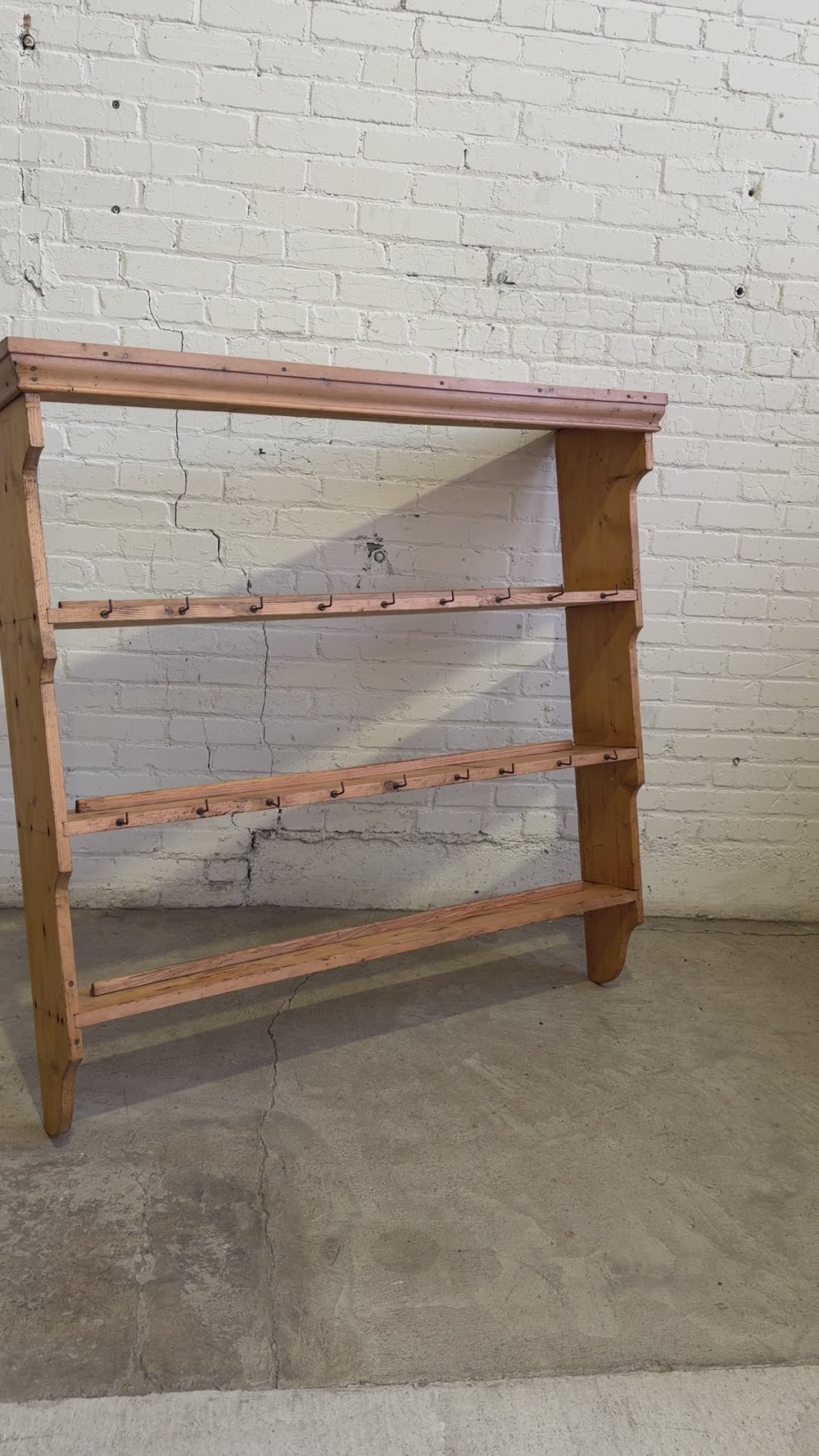 Antique Pine English Plate Rack with Mug Hooks c. 1910