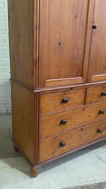 A Large English Antique Pine Linen Press with Mahogany Knobs, c. 1880