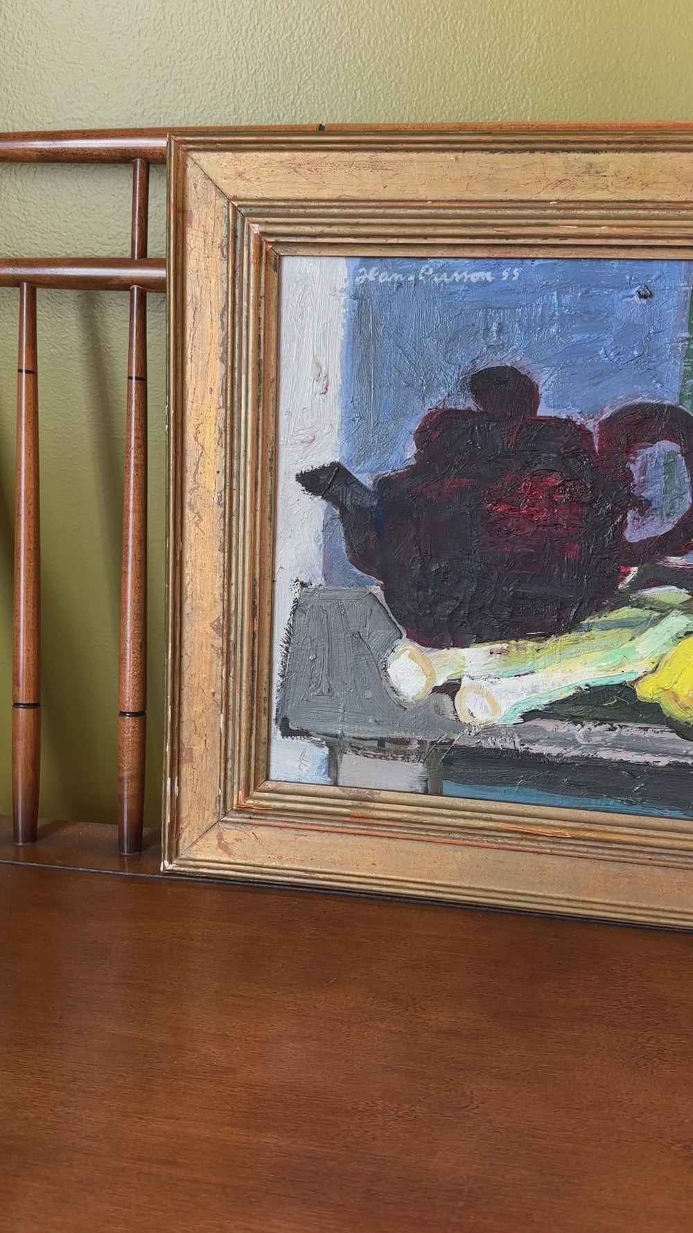 Teapot with Leeks: Vintage Oil on Canvas