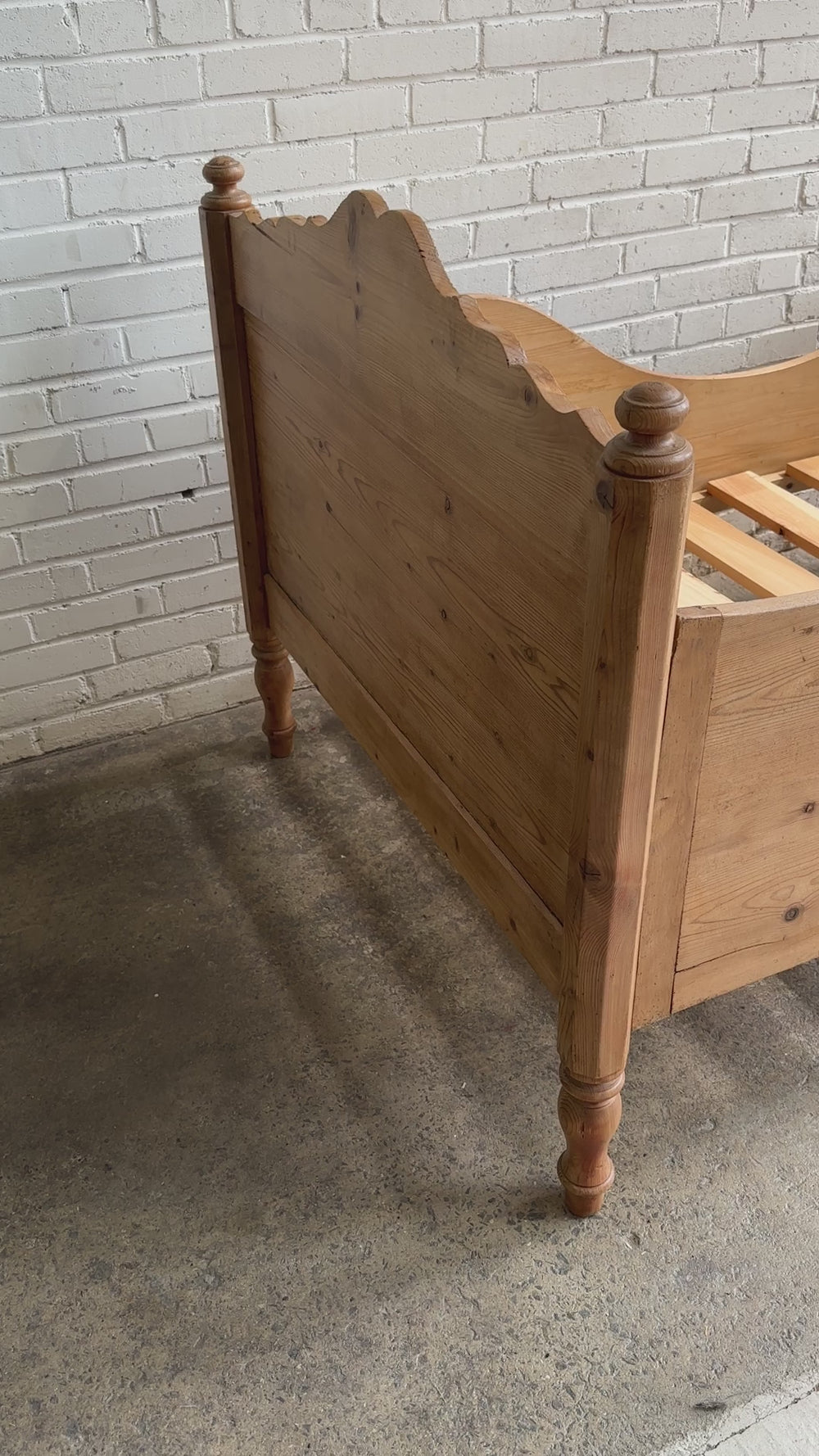 Antique Pine Sleigh Bed with Scalloping c. 1880