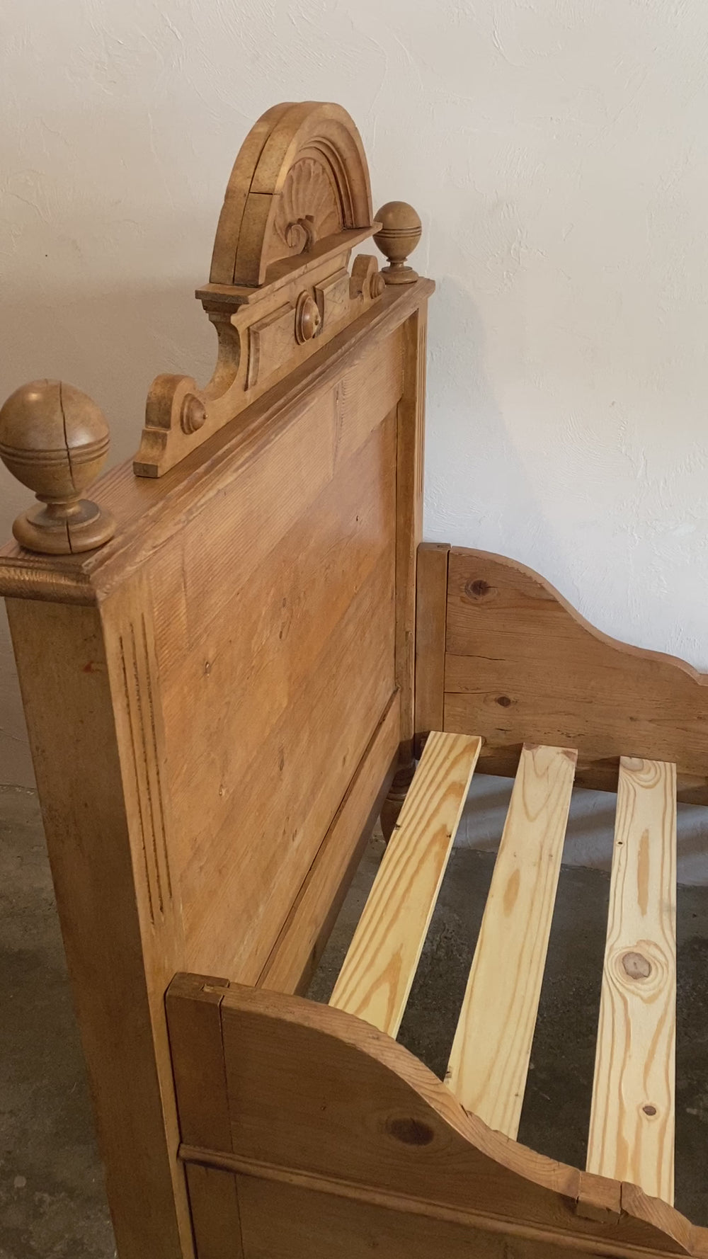 Antique Pine Sleigh Bed with Sunburst Pediment c. 1890