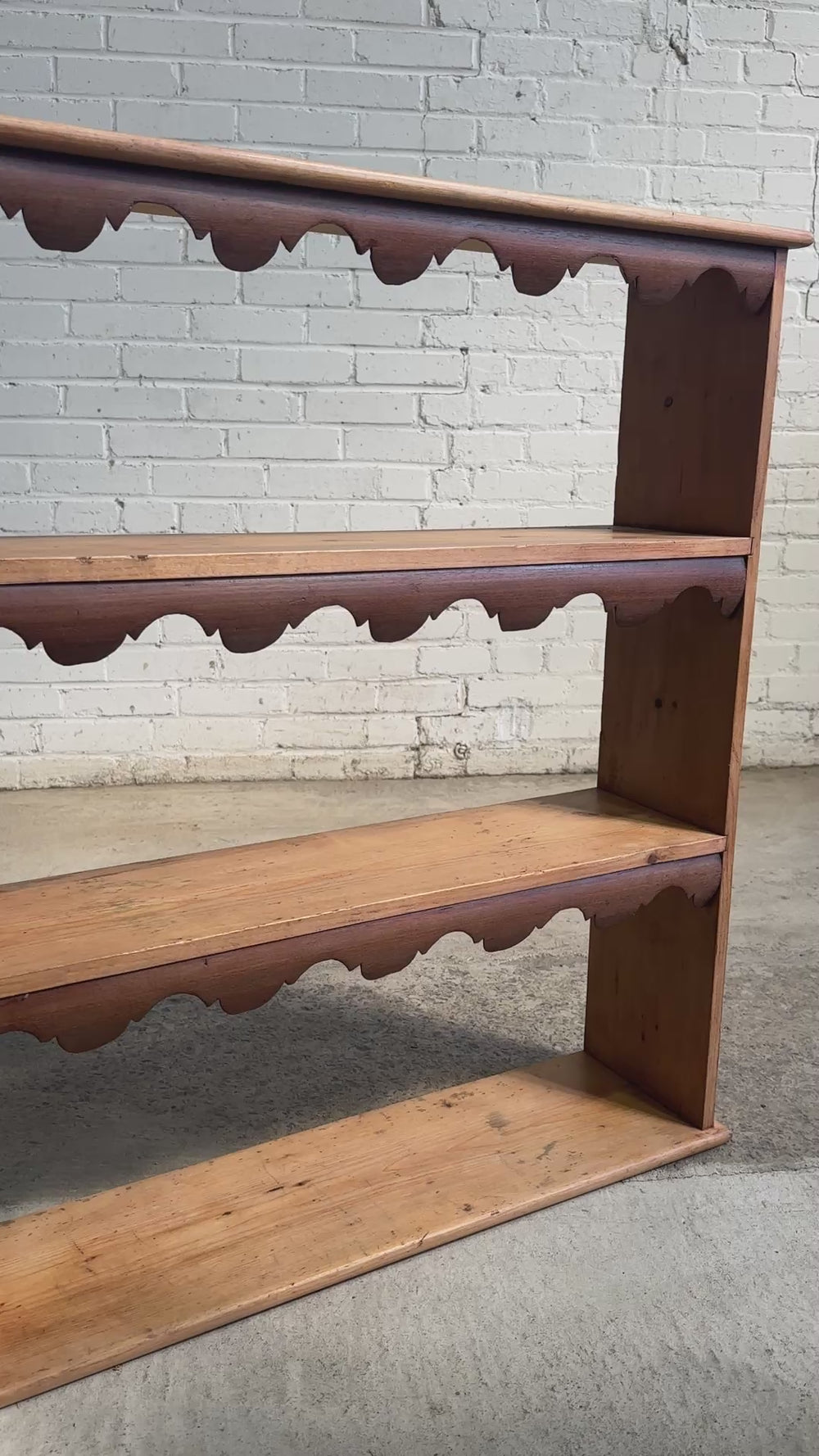 Antique English Pine and Mahogany Scalloped Wall Shelf, c. 1890