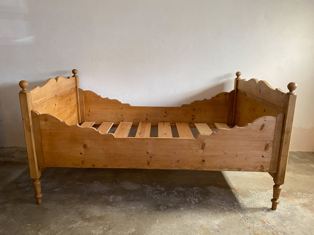 Antique Pine Sleigh Bed with Intricate Side Rails c. 1890